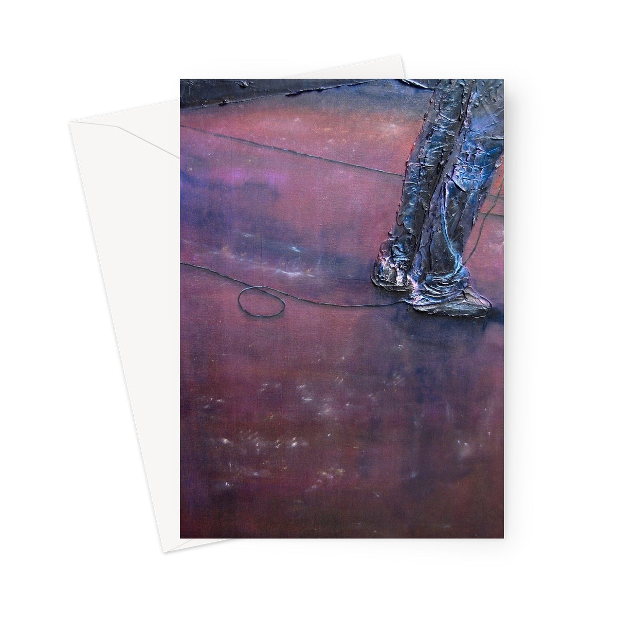 Textured metallic boots sculpture in blue and silver on rusty floor, Soundcheck Glasgow Barrowlands greeting card