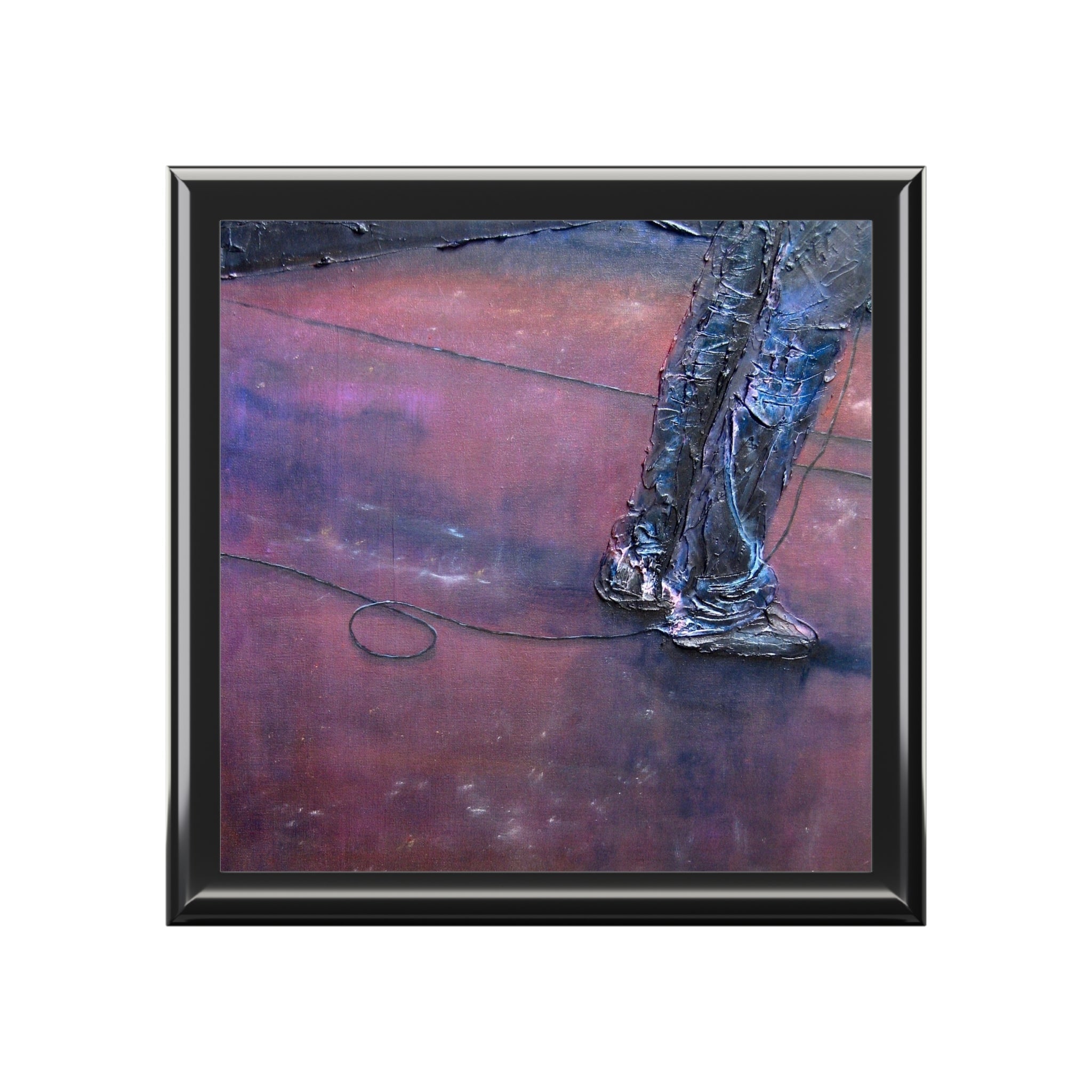 Abstract blue purple textured painting of legs boots in black frame, Soundcheck Glasgow Barrowlands Scotland jewellery box