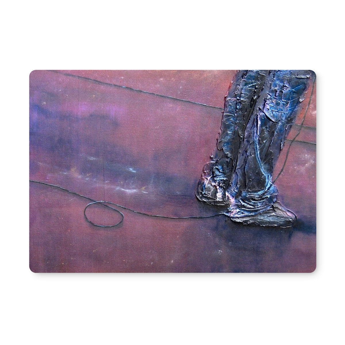 Textured dark blue denim boot with painted finish on Soundcheck Glasgow Barrowlands placemat