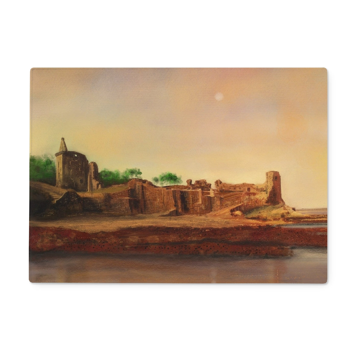 St Andrews Castle Art Gifts Glass Chopping Board-Glass Chopping Boards-Historic & Iconic Scotland Art Gallery-15"x11" Rectangular-Paintings, Prints, Homeware, Art Gifts From Scotland By Scottish Artist Kevin Hunter