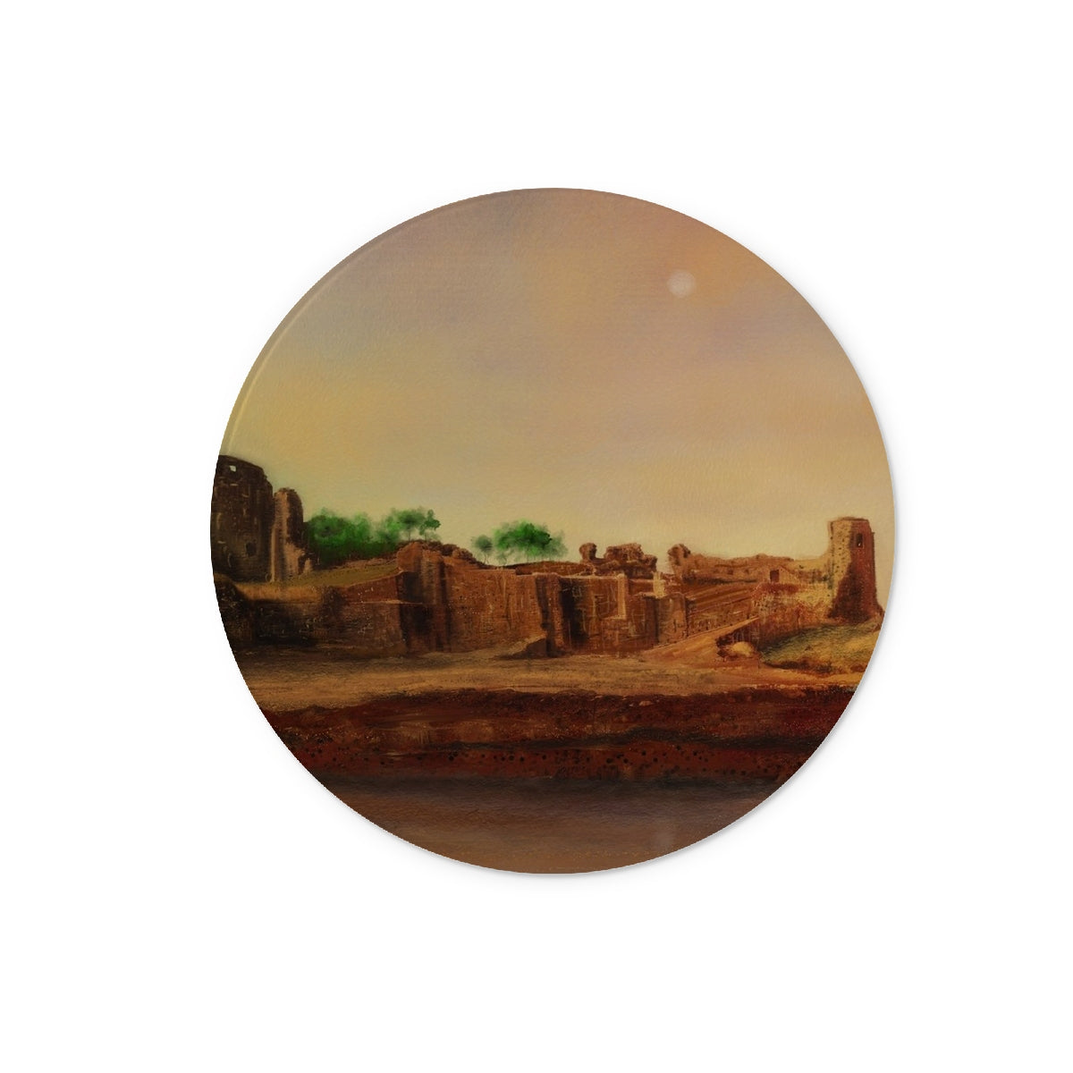 St Andrews Castle Art Gifts Glass Chopping Board-Glass Chopping Boards-Historic & Iconic Scotland Art Gallery-12" Round-Paintings, Prints, Homeware, Art Gifts From Scotland By Scottish Artist Kevin Hunter