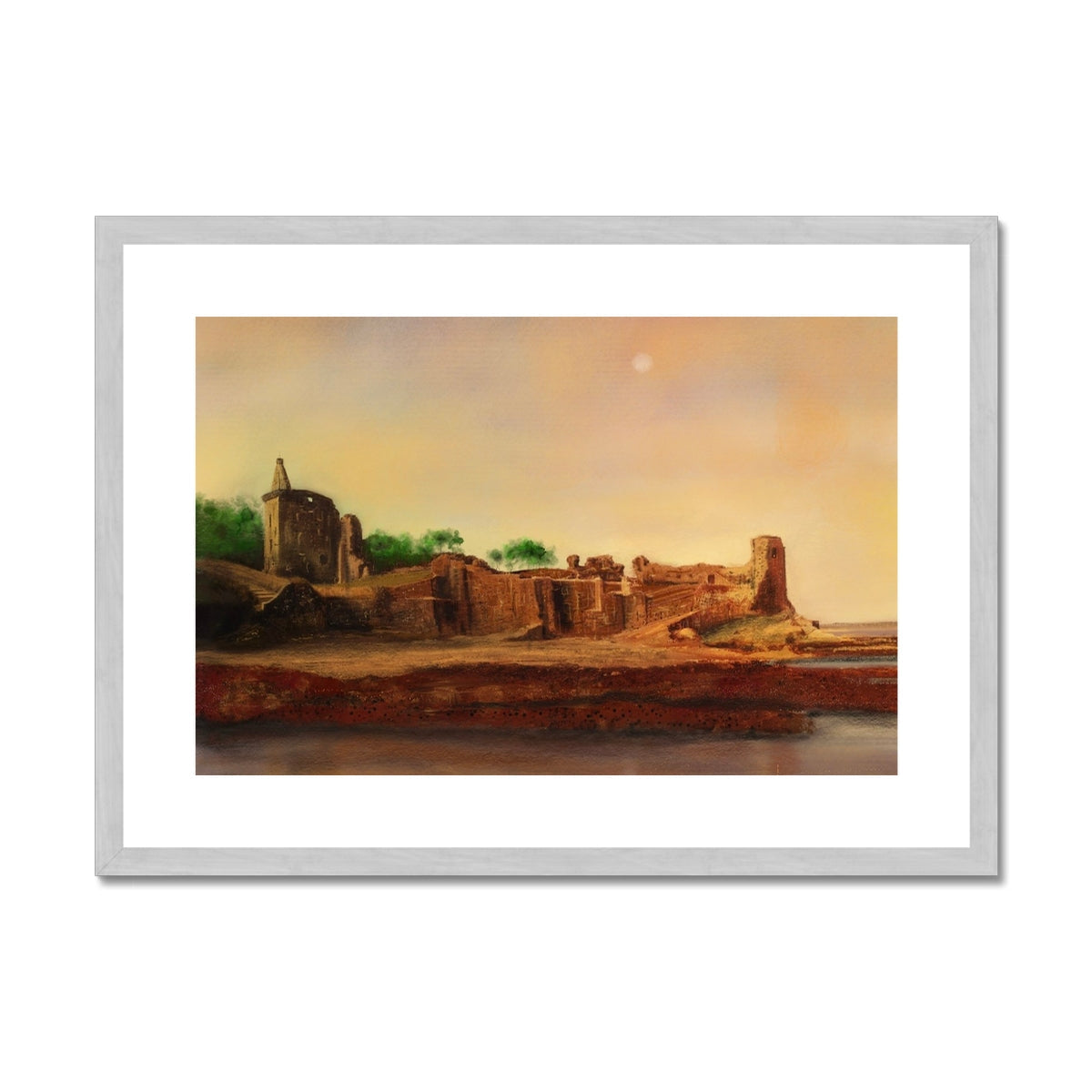 St Andrews Castle Painting | Antique Framed & Mounted Prints From Scotland-Antique Framed & Mounted Prints-Historic & Iconic Scotland Art Gallery-A2 Landscape-Silver Frame-Paintings, Prints, Homeware, Art Gifts From Scotland By Scottish Artist Kevin Hunter