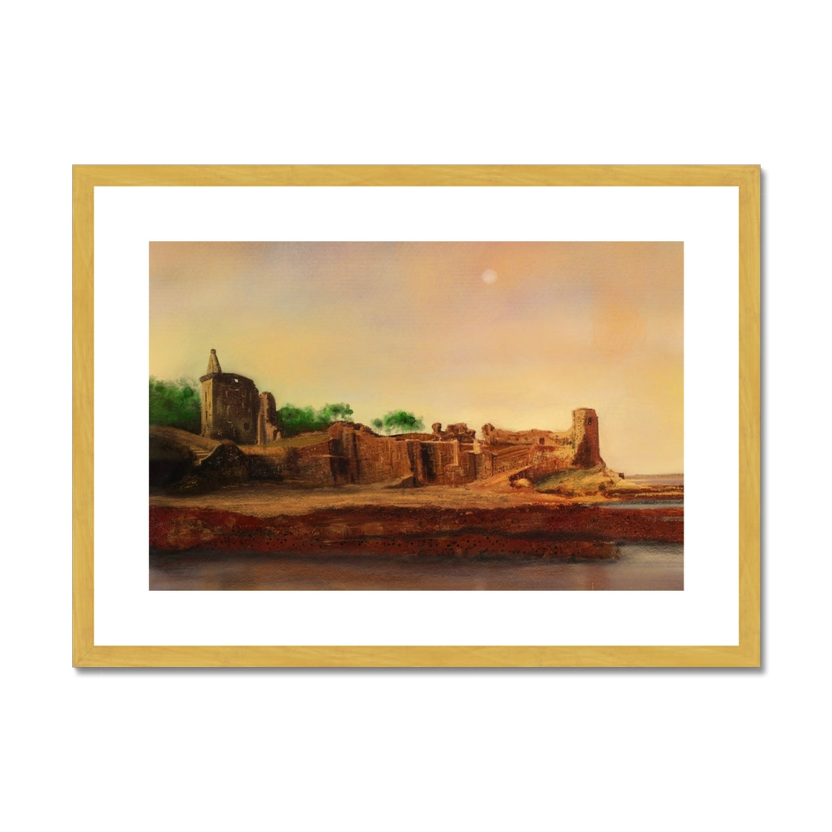 St Andrews Castle Painting | Antique Framed & Mounted Prints From Scotland-Antique Framed & Mounted Prints-Historic & Iconic Scotland Art Gallery-A2 Landscape-Gold Frame-Paintings, Prints, Homeware, Art Gifts From Scotland By Scottish Artist Kevin Hunter