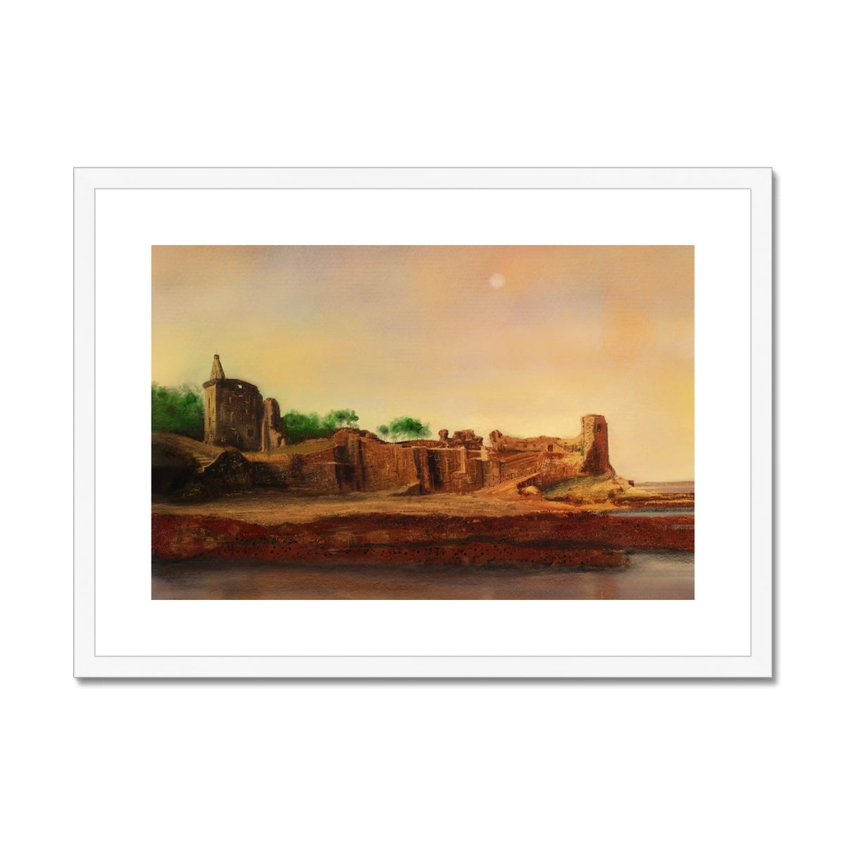 St Andrews Castle Painting | Framed & Mounted Prints From Scotland-Framed & Mounted Prints-Historic & Iconic Scotland Art Gallery-A2 Landscape-White Frame-Paintings, Prints, Homeware, Art Gifts From Scotland By Scottish Artist Kevin Hunter