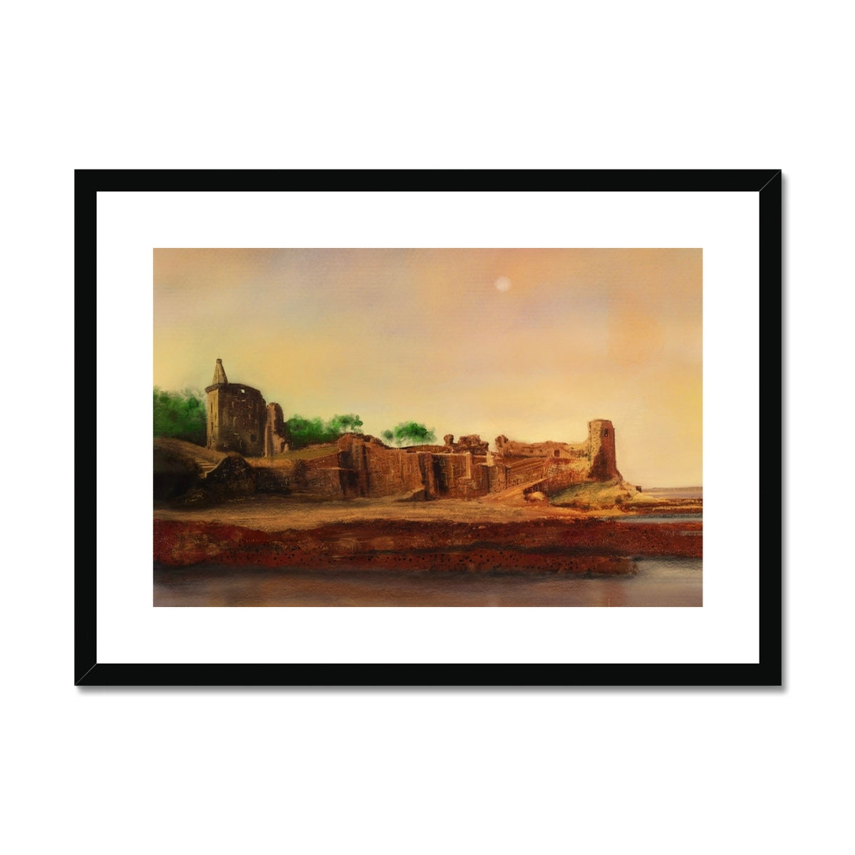 St Andrews Castle Painting | Framed & Mounted Prints From Scotland-Framed & Mounted Prints-Historic & Iconic Scotland Art Gallery-A2 Landscape-Black Frame-Paintings, Prints, Homeware, Art Gifts From Scotland By Scottish Artist Kevin Hunter