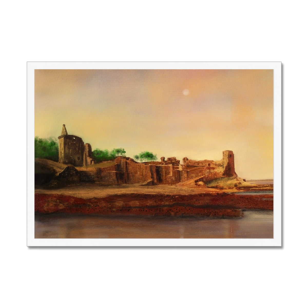 St Andrews Castle Painting | Framed Prints From Scotland-Framed Prints-Historic & Iconic Scotland Art Gallery-A2 Landscape-White Frame-Paintings, Prints, Homeware, Art Gifts From Scotland By Scottish Artist Kevin Hunter