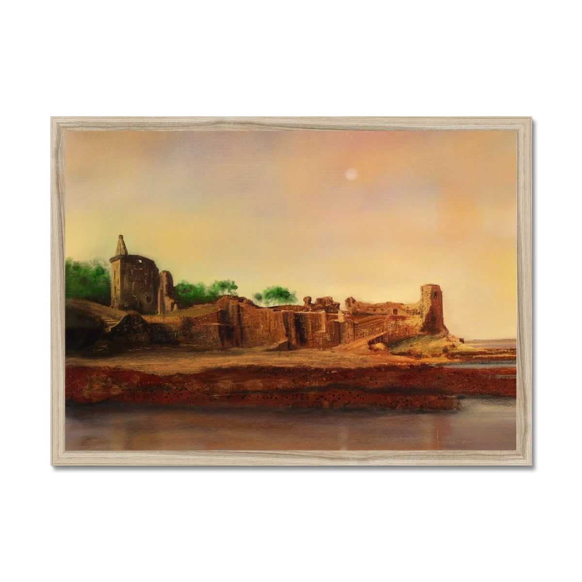 St Andrews Castle Painting | Framed Prints From Scotland-Framed Prints-Historic & Iconic Scotland Art Gallery-A2 Landscape-Natural Frame-Paintings, Prints, Homeware, Art Gifts From Scotland By Scottish Artist Kevin Hunter