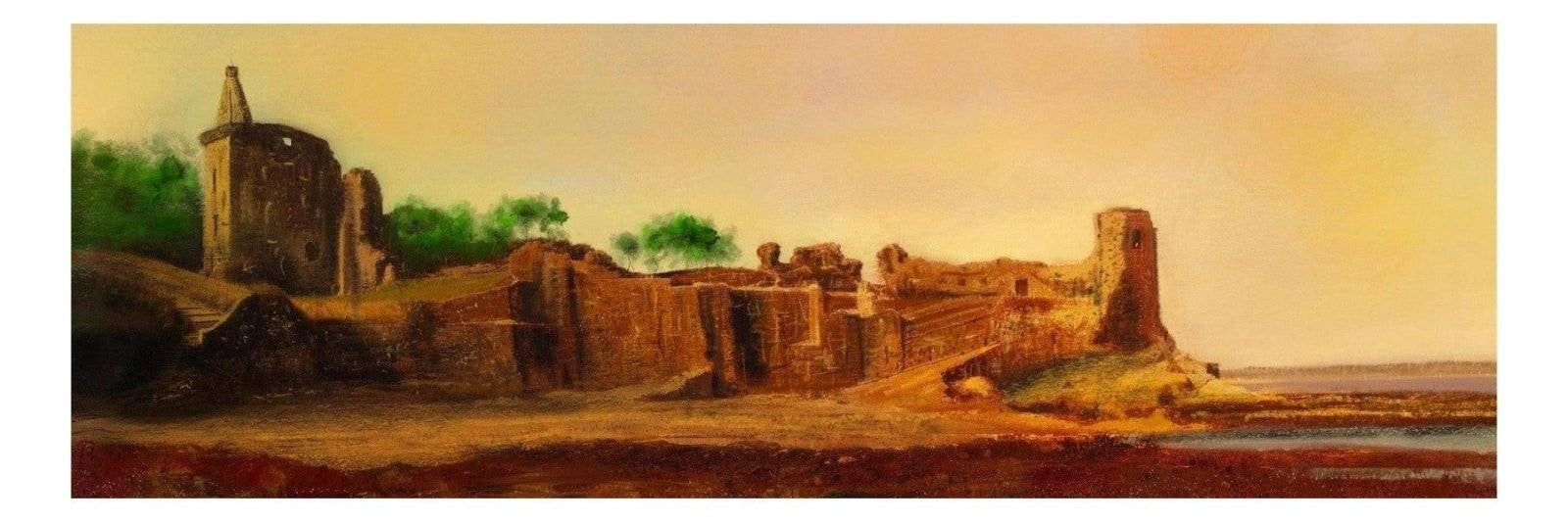 Panoramic painting of ancient ruins by a body of water in St Andrews Castle Panoramic Prints