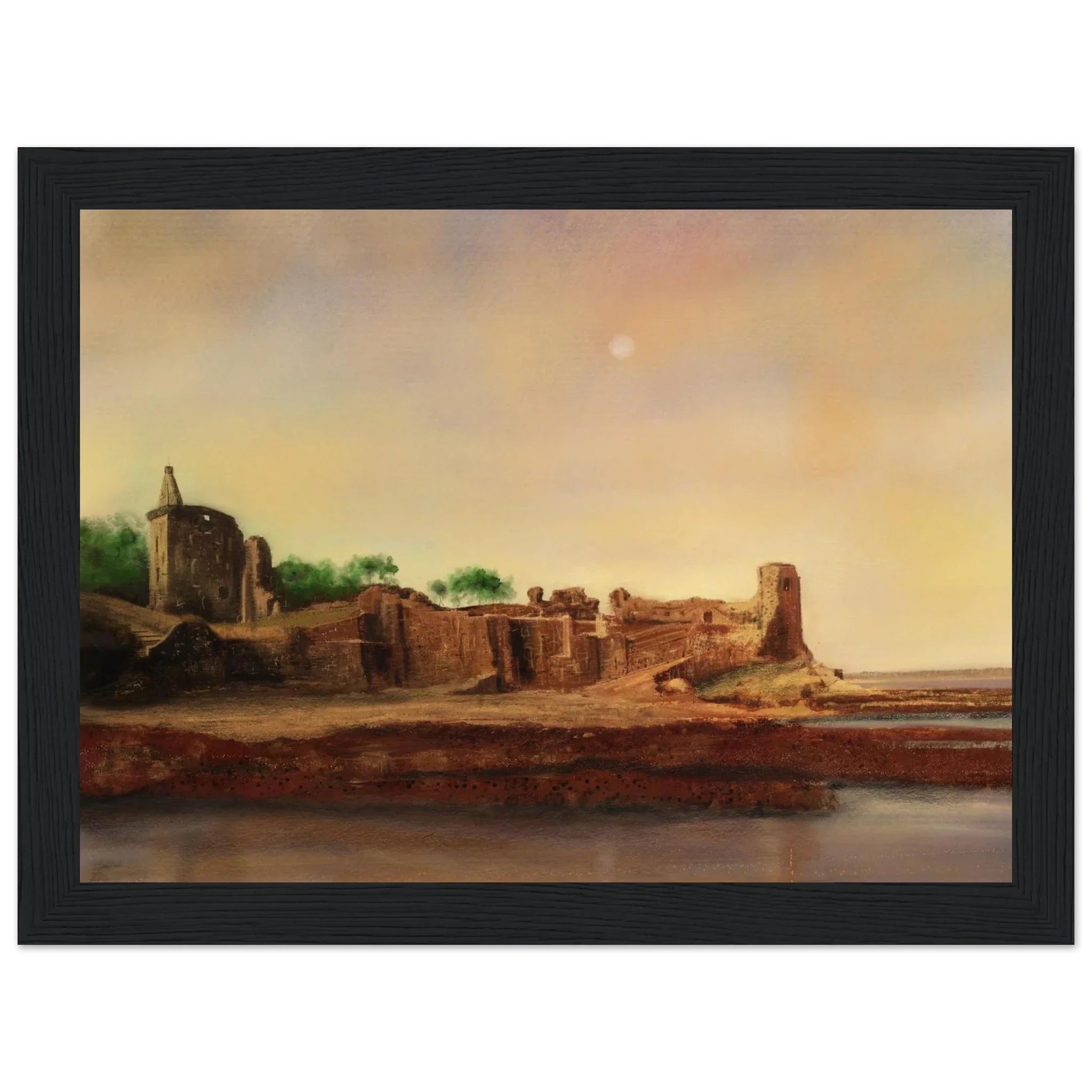 St Andrews Castle painting of ancient stone ruins by water under warm sky