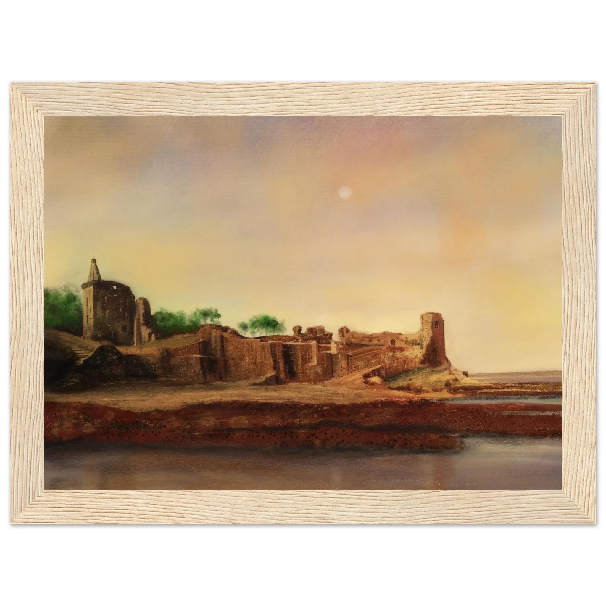 Framed painting of St Andrews Castle ruins by water in light wood frame