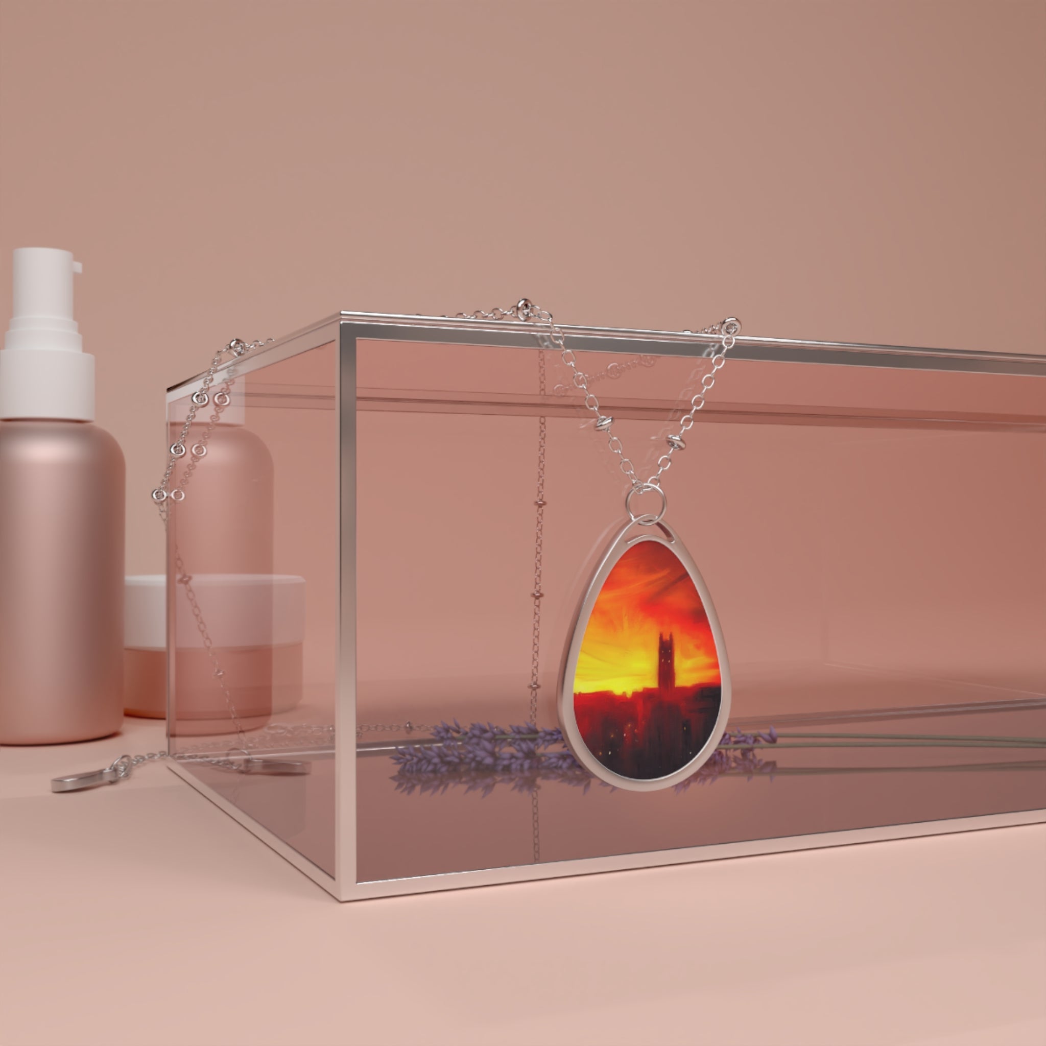 Oval pendant with sunset and building silhouette design on silver chain for St Stephen’s Church Necklace