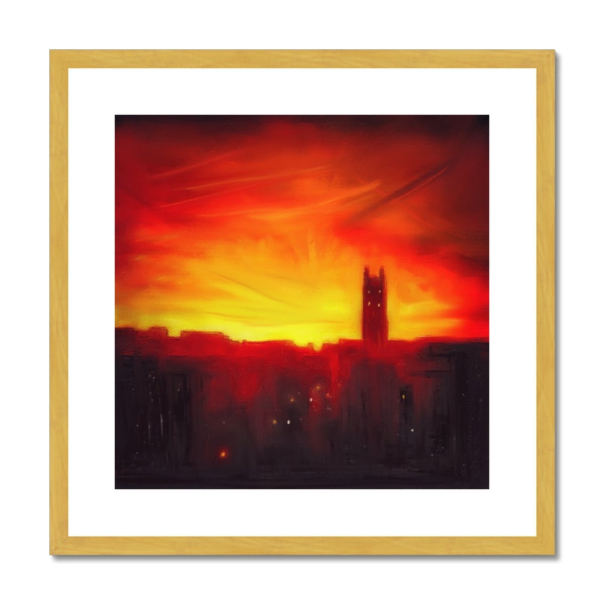 St Stephen's Church Sunset Painting | Antique Framed & Mounted Prints From Scotland-Antique Framed & Mounted Prints-Edinburgh & Glasgow Art Gallery-20"x20"-Gold Frame-Paintings, Prints, Homeware, Art Gifts From Scotland By Scottish Artist Kevin Hunter