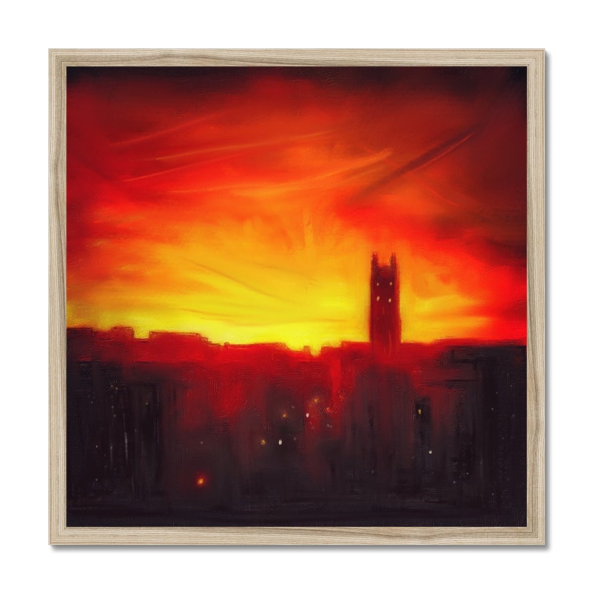 St Stephen's Church Sunset Painting | Framed Prints From Scotland-Framed Prints-Edinburgh & Glasgow Art Gallery-20"x20"-Natural Frame-Paintings, Prints, Homeware, Art Gifts From Scotland By Scottish Artist Kevin Hunter