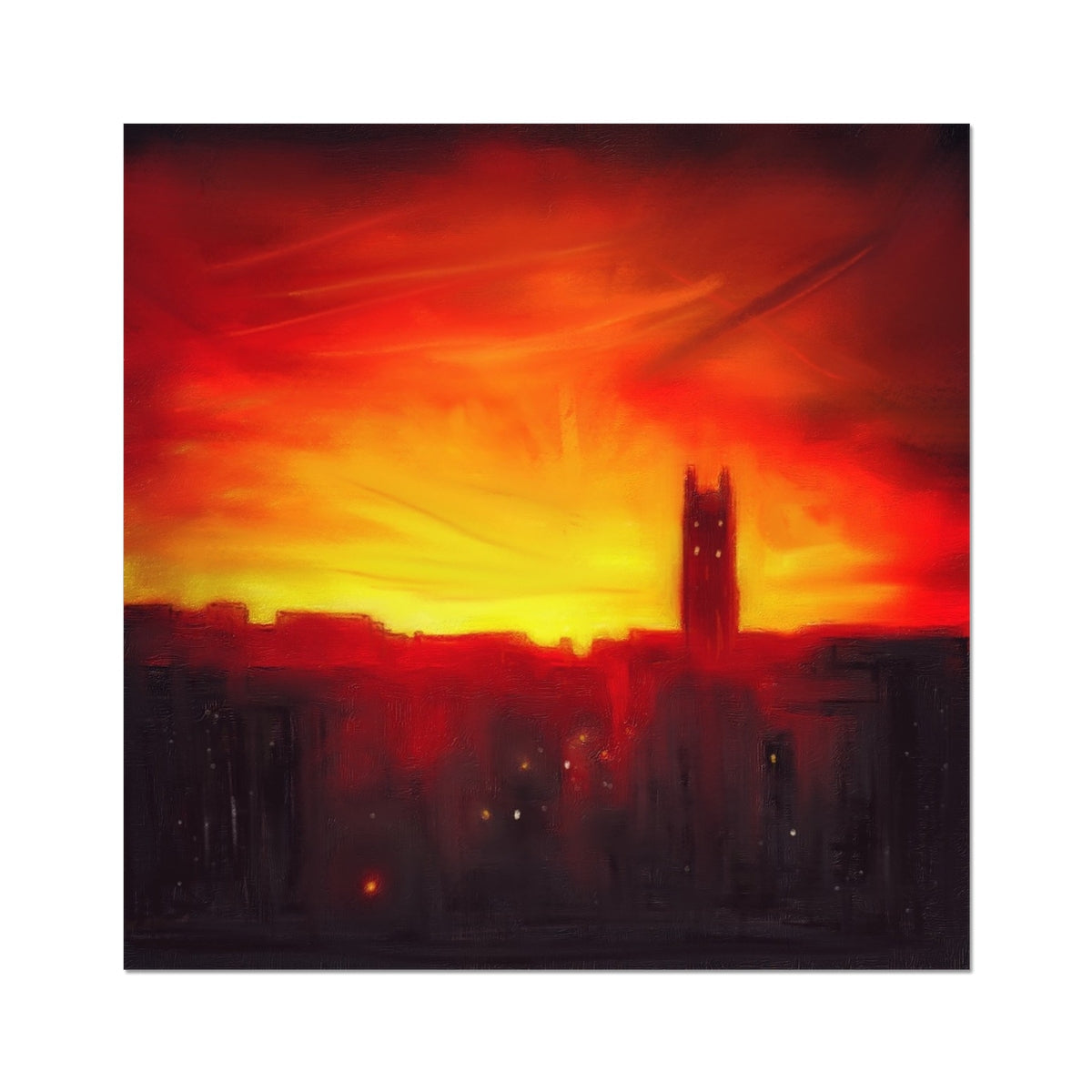 Vibrant sunset over St Stephens Church silhouette in Stockbridge Hahnemuhle print