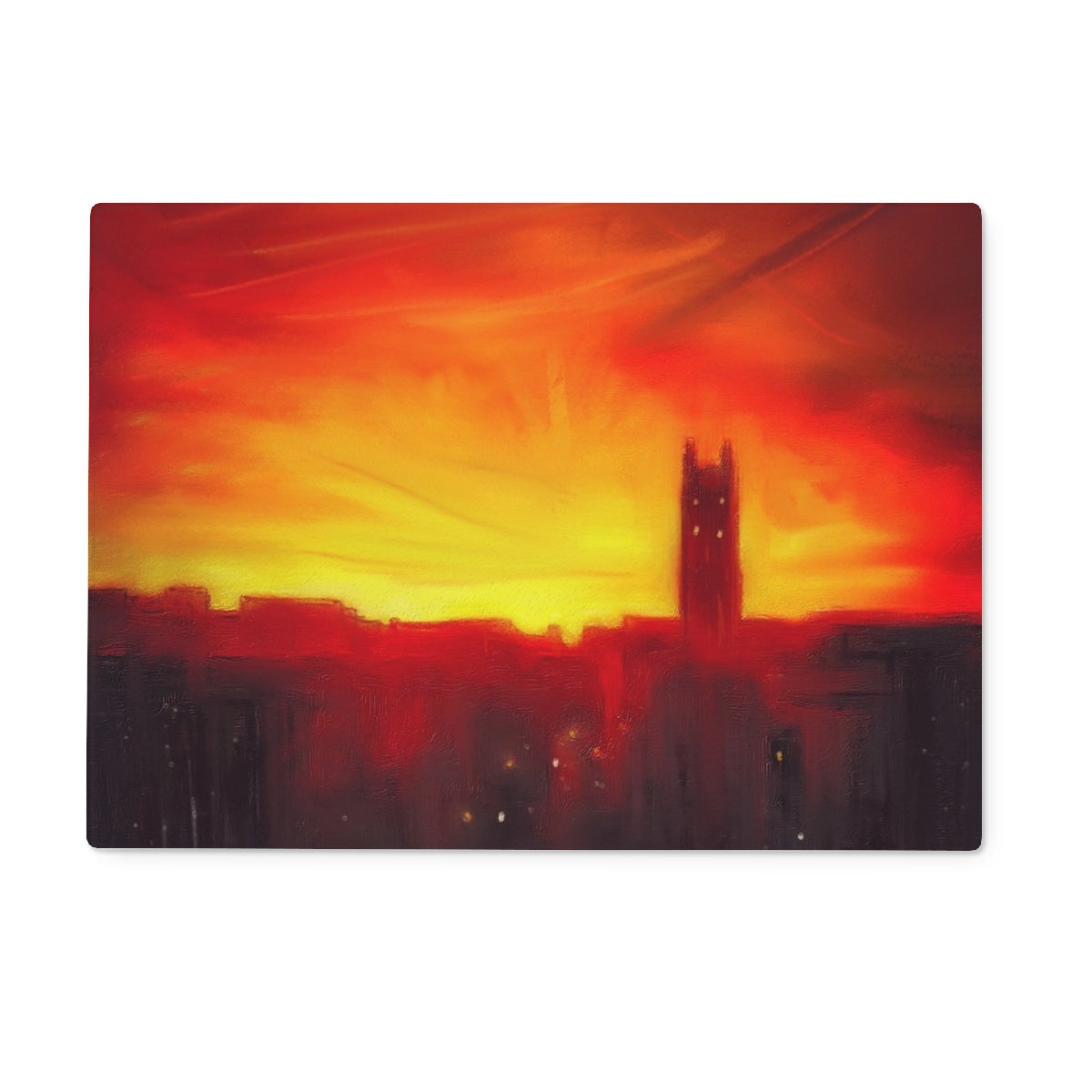 Vibrant St Stephens Church sunset silhouette on Stockbridge glass chopping board