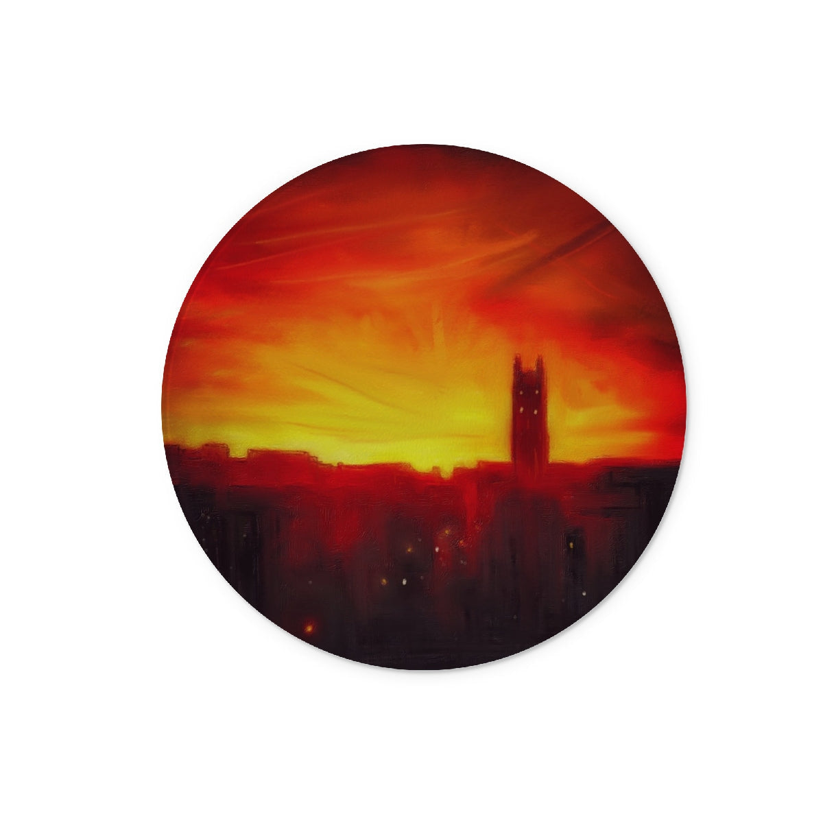 St Stephen’s Church fiery sunset over Stockbridge cityscape glass chopping board