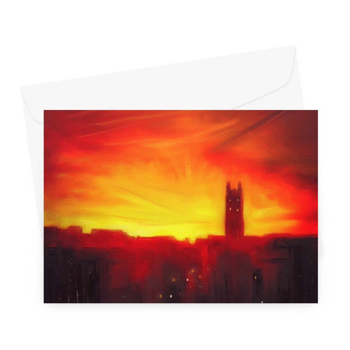 Vibrant red orange sunset greeting card with silhouetted St Stephens Church in Stockbridge