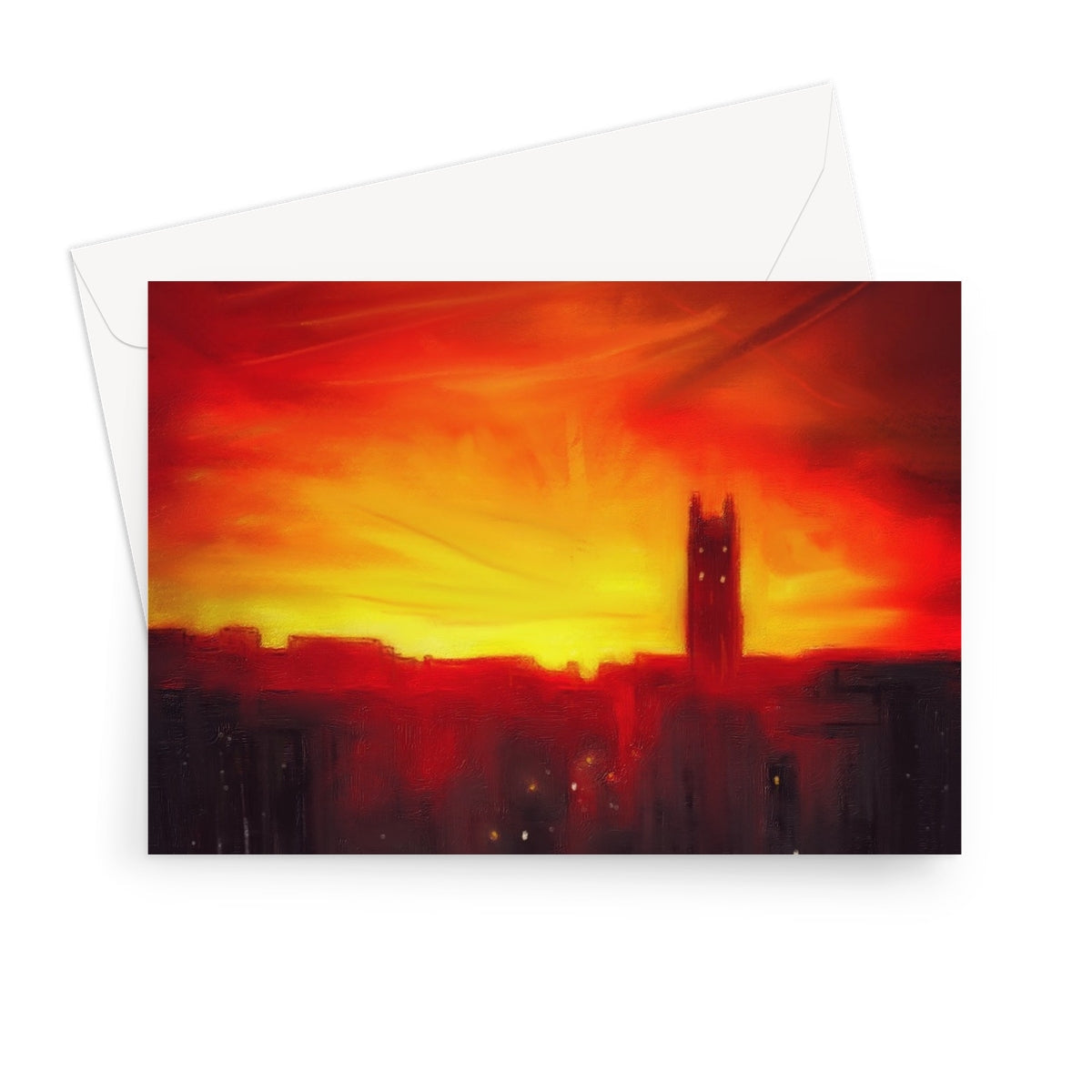 Vibrant red and orange sunset over silhouetted St. Stephen’s Church in Stockbridge greeting card