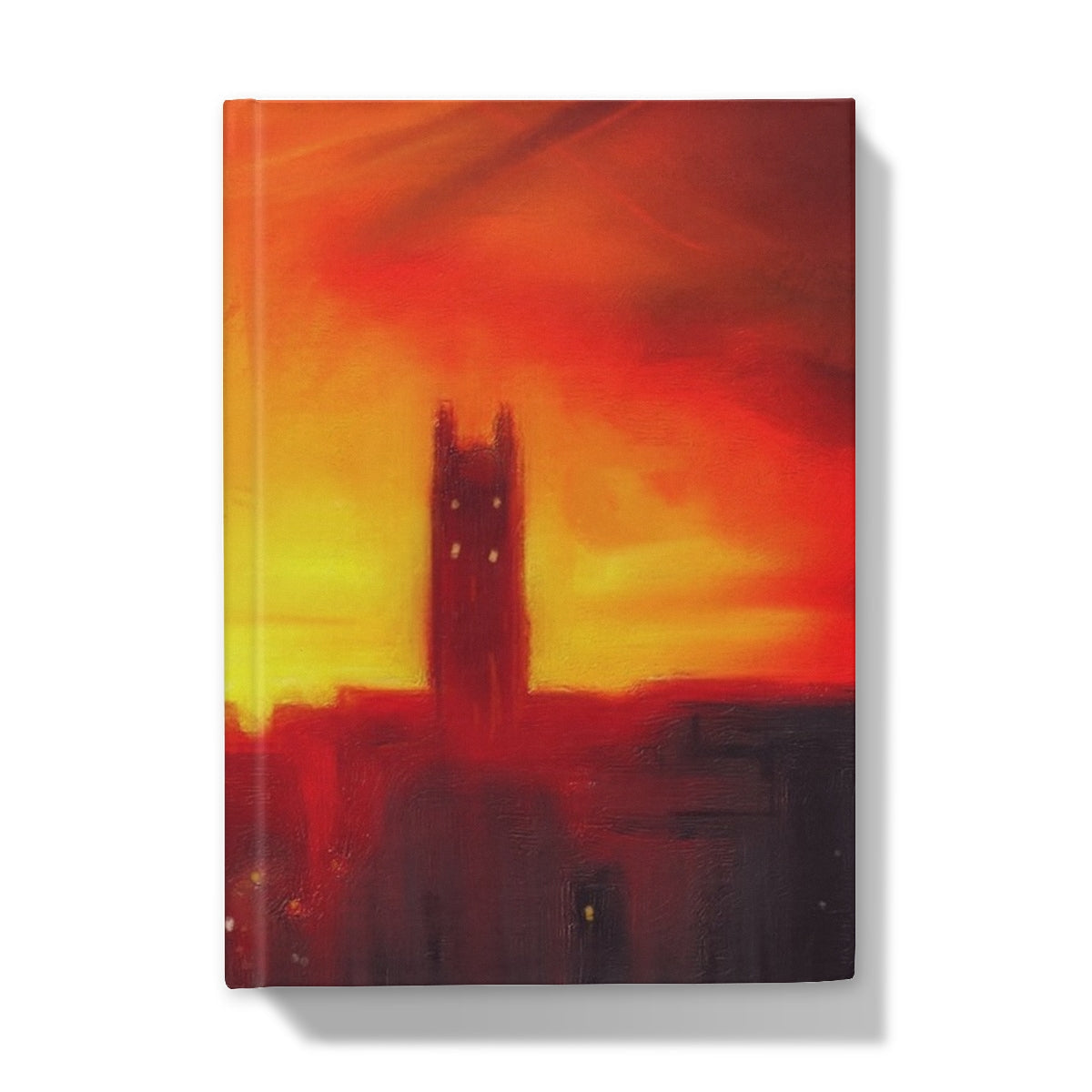 Hardcover journal with St. Stephen’s Church sunset cover in orange and red