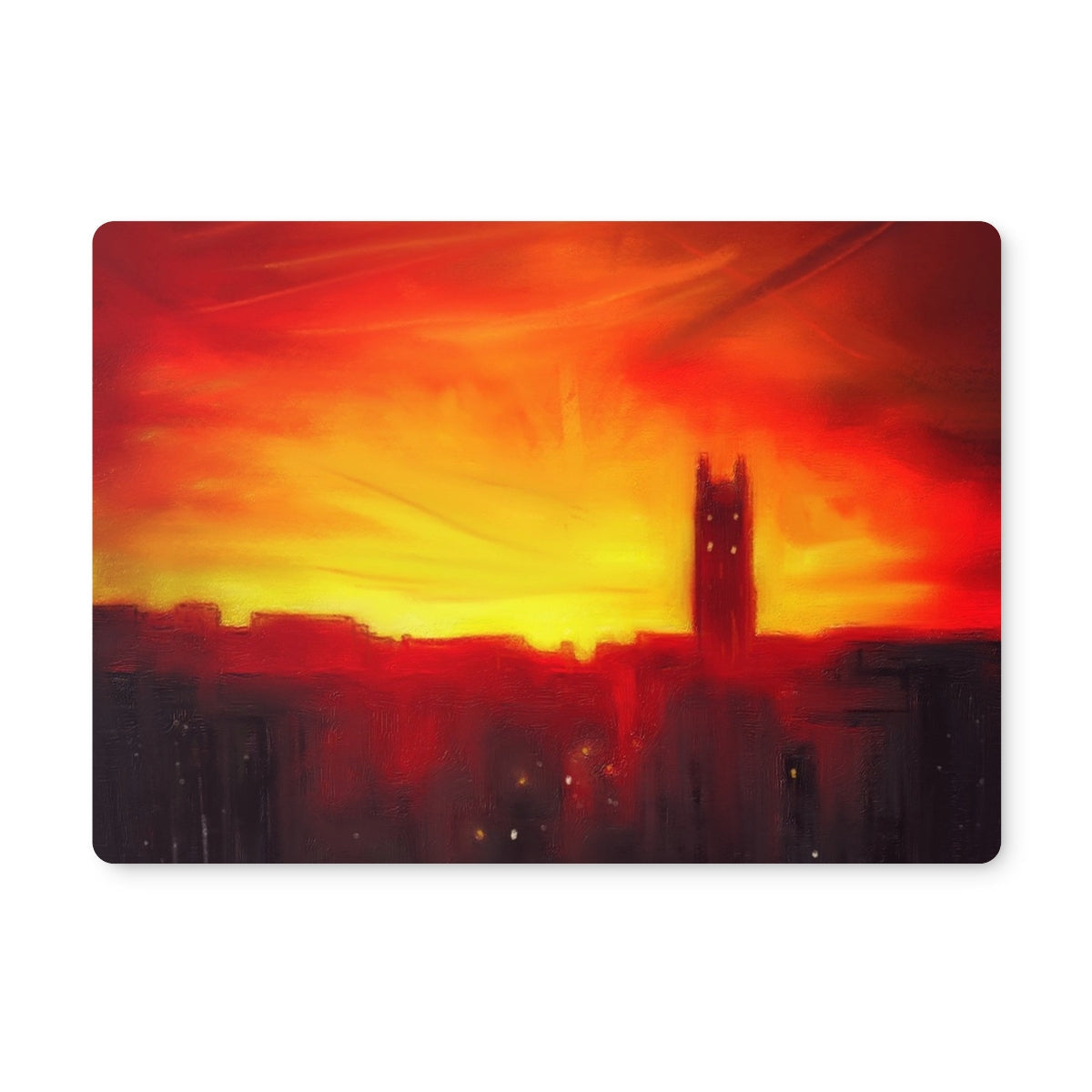 Vibrant red orange sunset painting of silhouetted St Stephens Church in Stockbridge