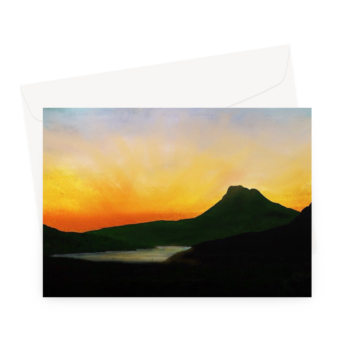 Stac Pollaidh Dusk Art Gifts Greeting Card-Greetings Cards-Scottish Lochs & Mountains Art Gallery-A5 Landscape-1 Card-Paintings, Prints, Homeware, Art Gifts From Scotland By Scottish Artist Kevin Hunter