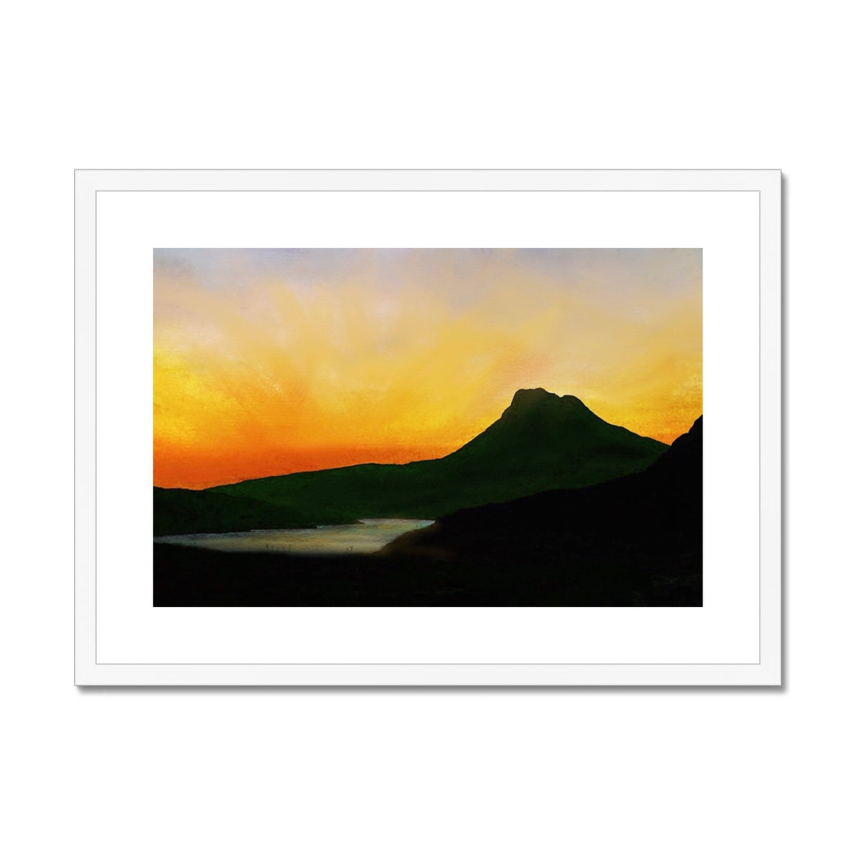 Stac Pollaidh Dusk framed print: mountain silhouette against orange sunset sky