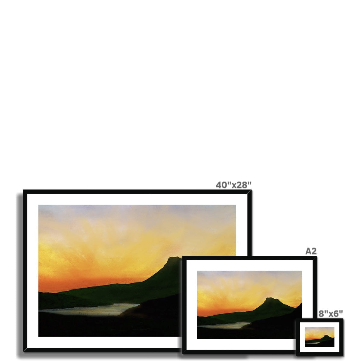 Stac Pollaidh Dusk black-framed print of serene sunset over silhouetted mountains and water