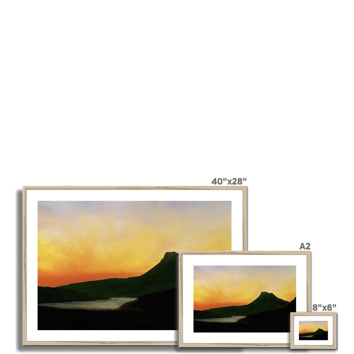 Stac Pollaidh Dusk framed print: serene sunset over silhouetted hills and water in light wood frame with white matting