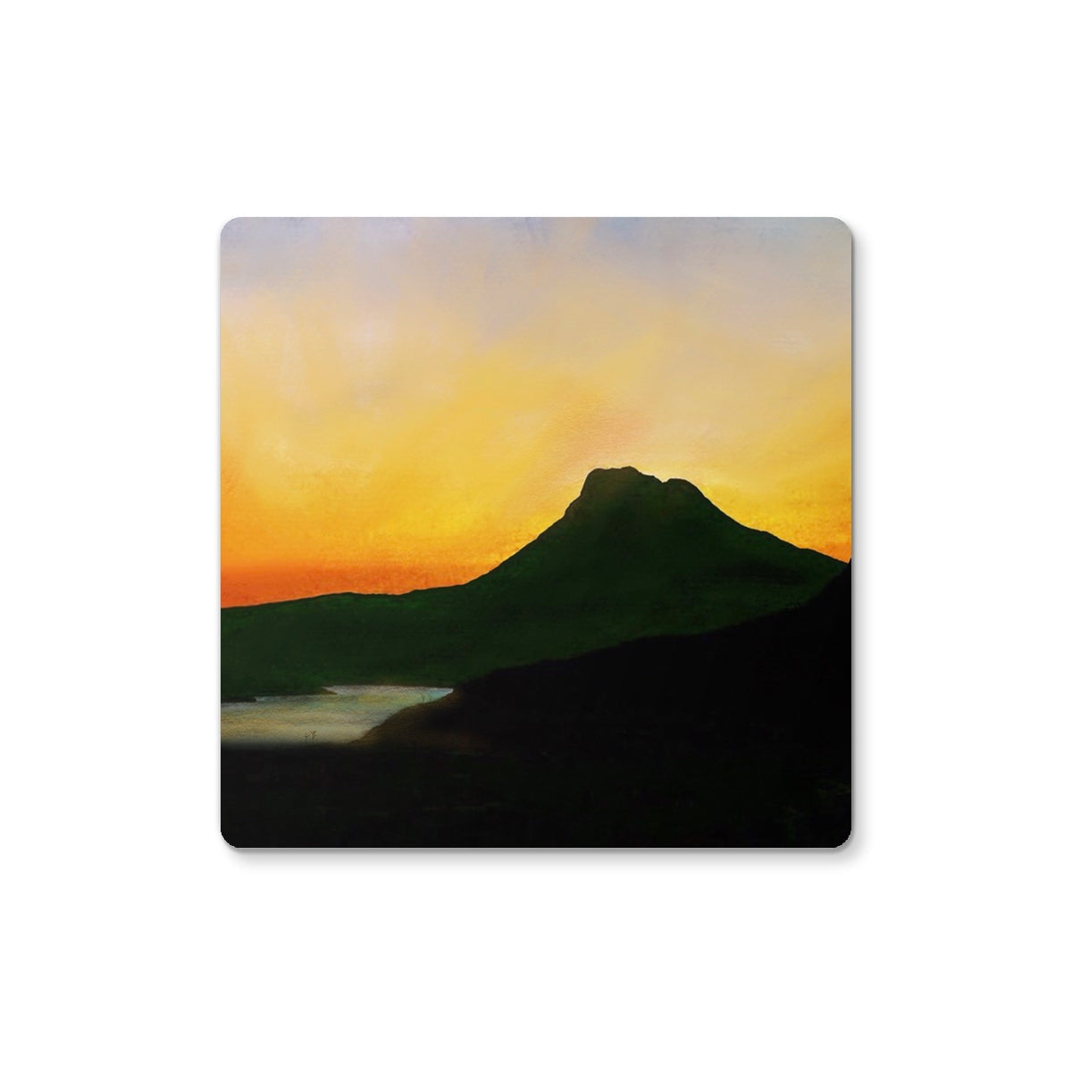 Stac Pollaidh Dusk square coaster with painted sunset over green mountains