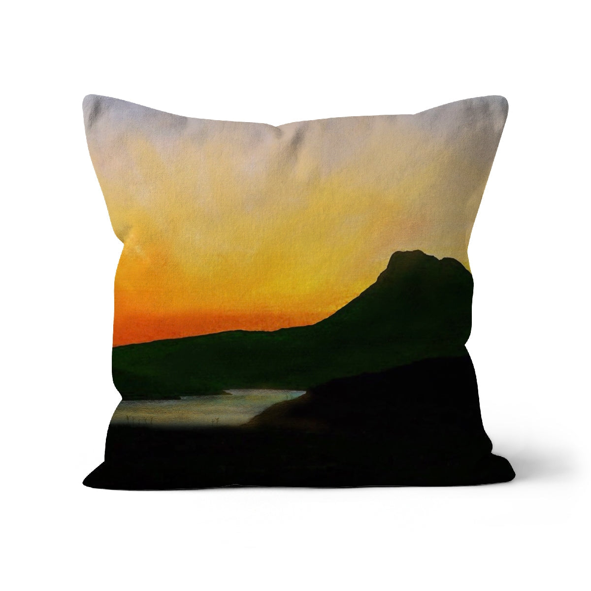 Stac Pollaidh Dusk Cushion: sunset landscape with orange skies over green hills