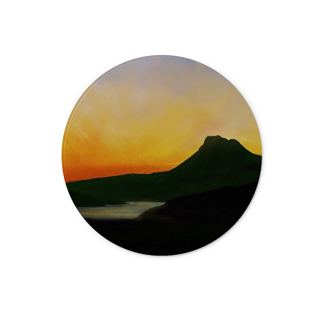 Stac Pollaidh Dusk mountain silhouette sunset on glass chopping board