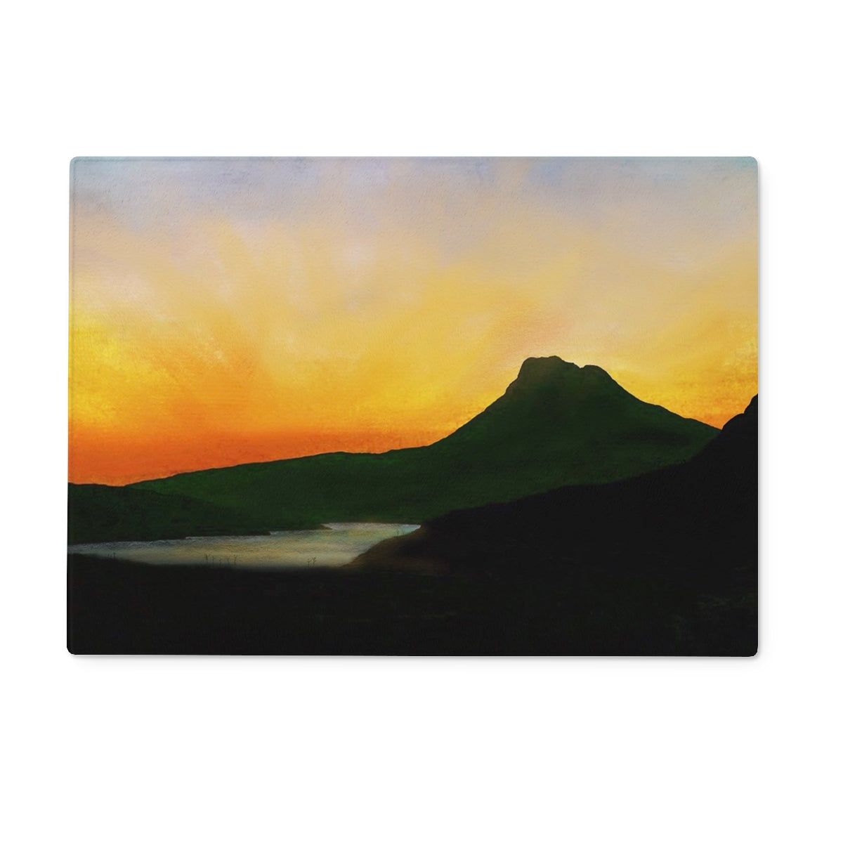 Stac Pollaidh mountain silhouette dusk on glass chopping board