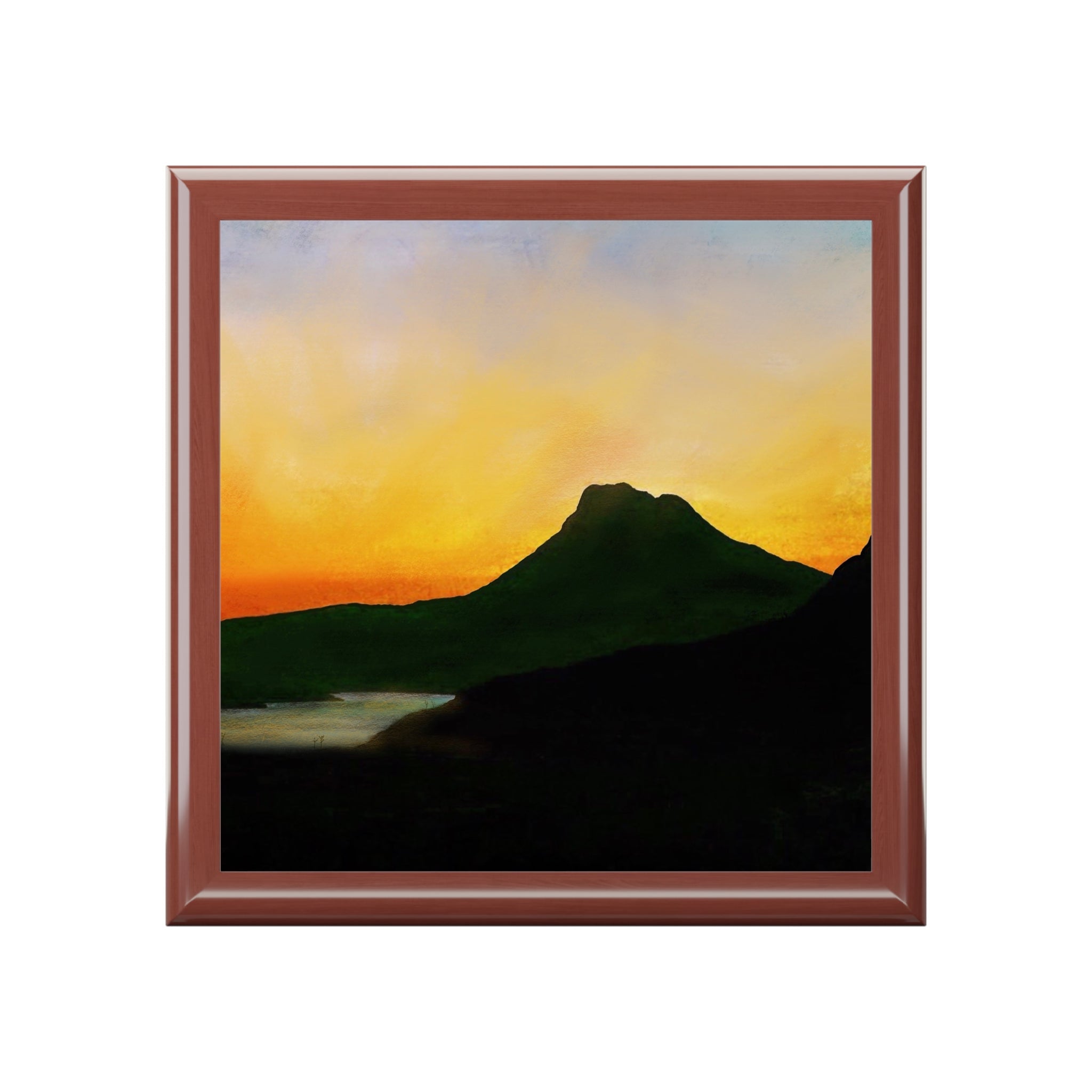 Stac Pollaidh Dusk square ceramic tile with reddish-brown glossy frame and impressionistic sunset over silhouetted Scottish mountains and water