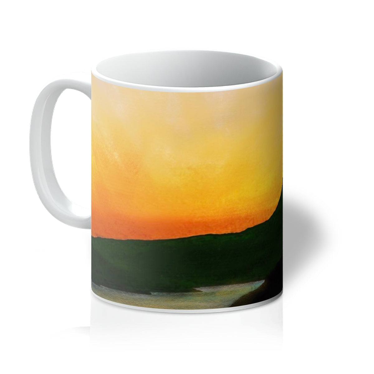 Stac Pollaidh Dusk Mug with vibrant orange-yellow sunset on white ceramic
