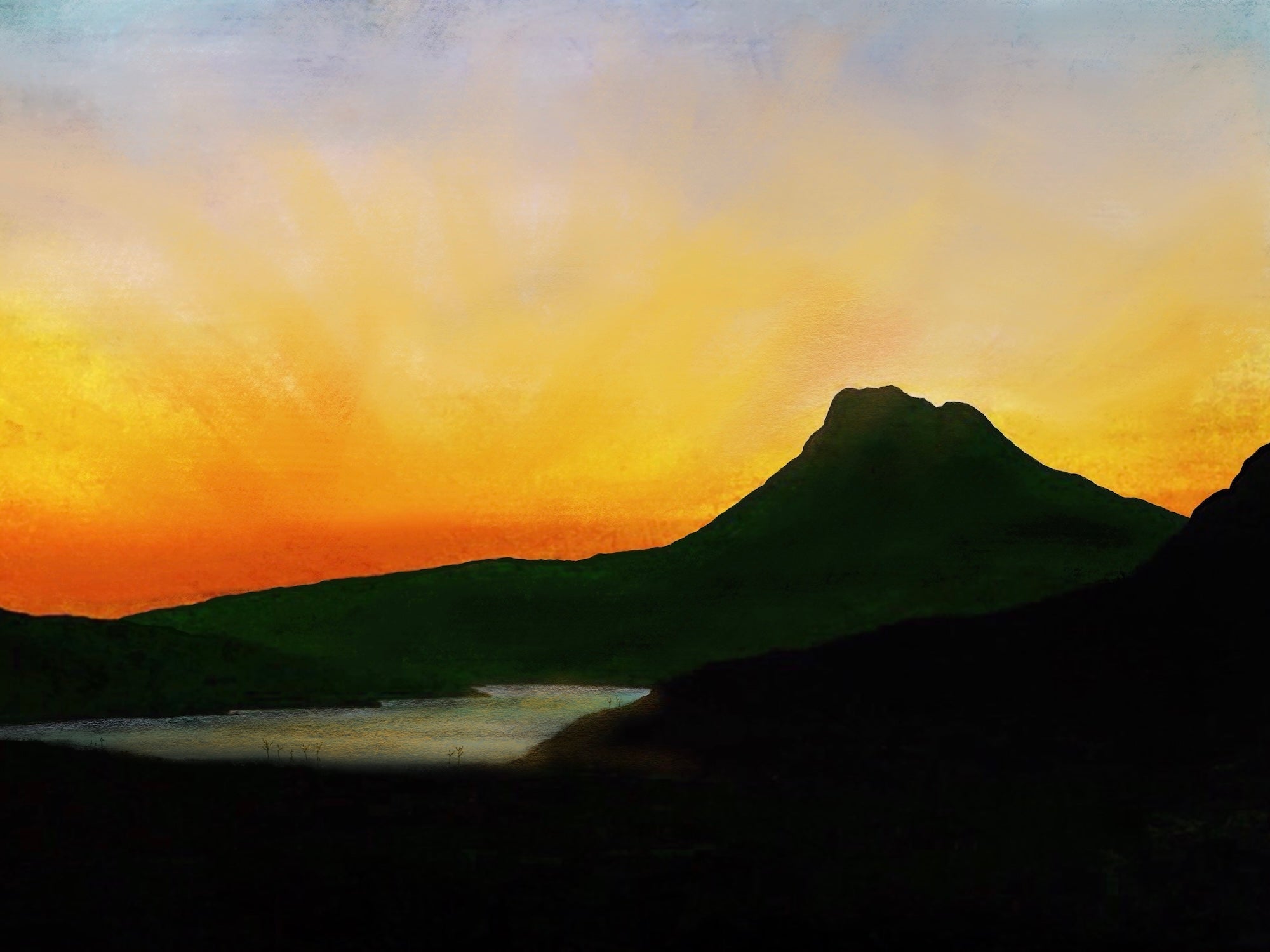 Vibrant Stac Pollaidh Dusk Original Painting of Mountainous Landscape at Sunset