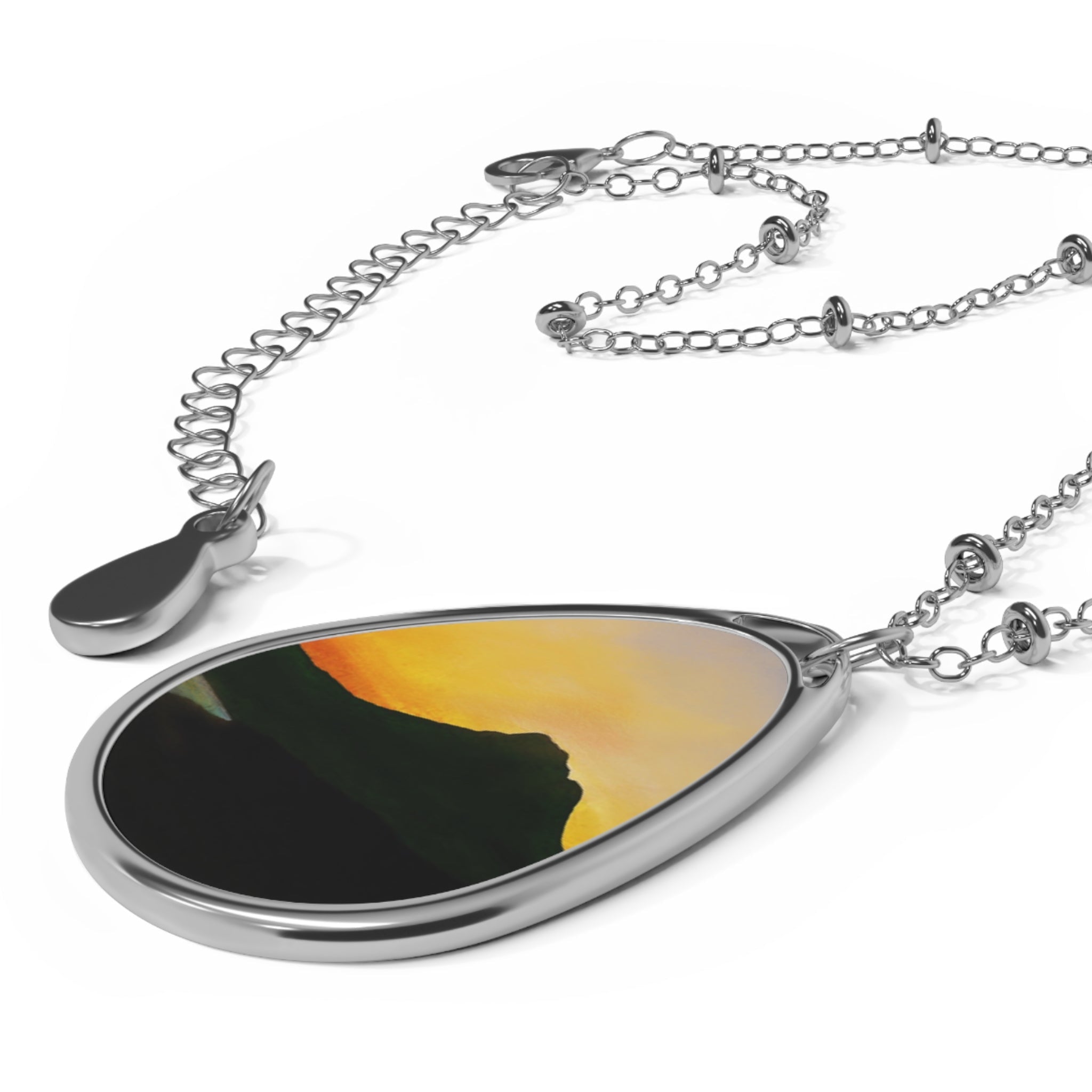 Stac Pollaidh Dusk silver teardrop pendant necklace with black orange gradient