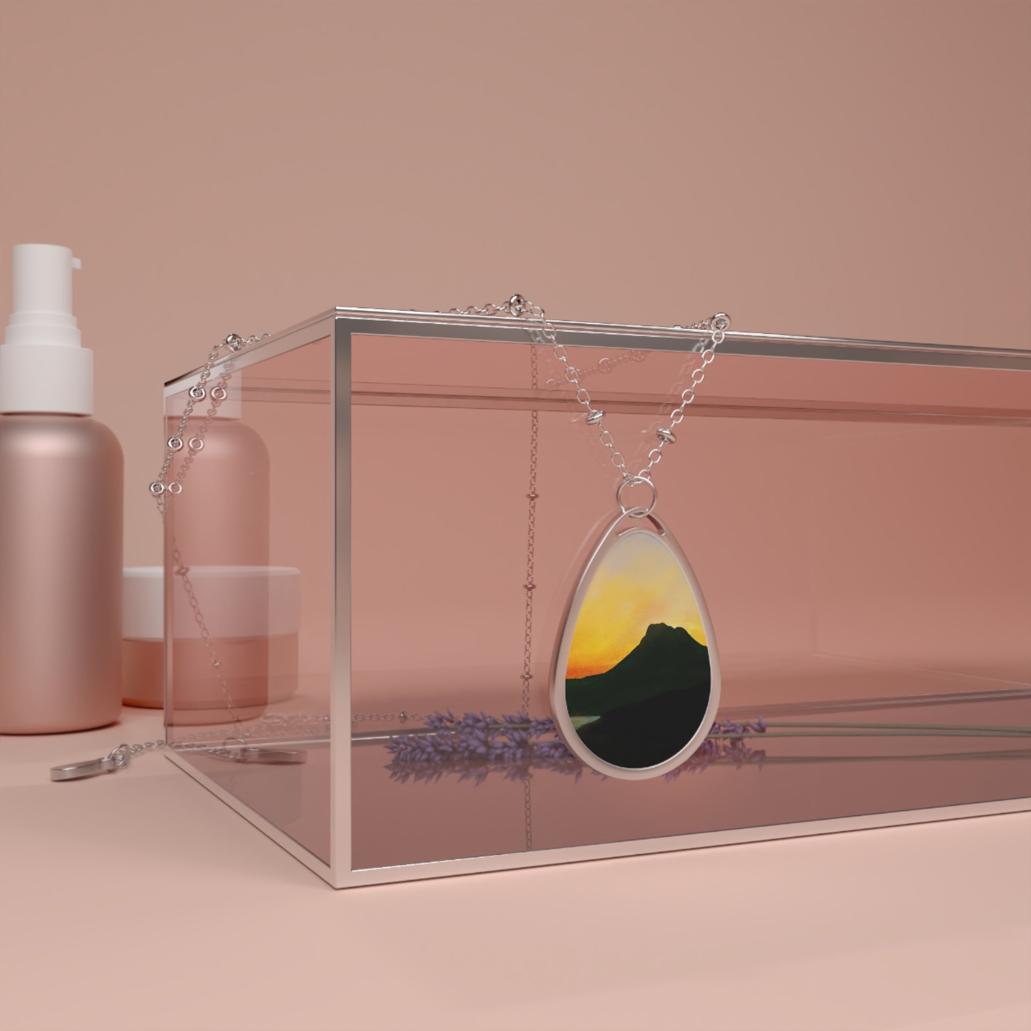 Silver teardrop pendant necklace with Stac Pollaidh Dusk sunset over mountains design