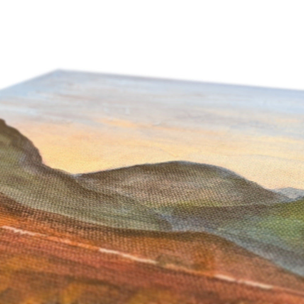 Standing still in glencoe canvas print of textured painting featuring rolling hills in earthy green brown and orange tones