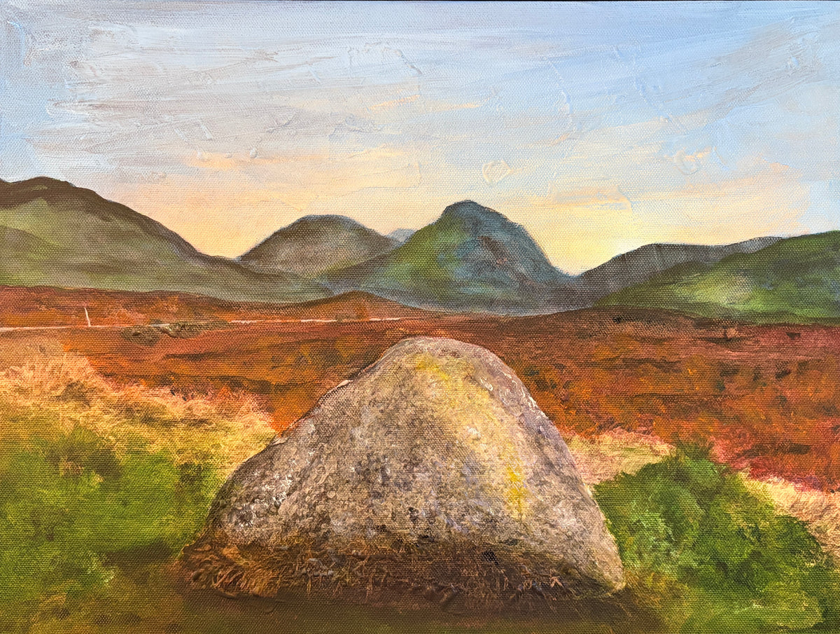 Standing still in Glencoe original Scottish landscape painting of a textured grayish-brown boulder on rolling hills
