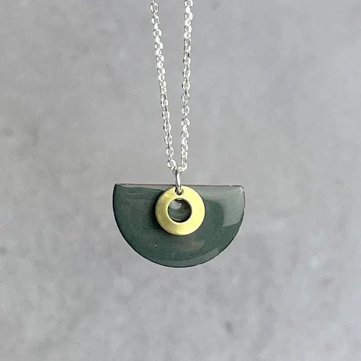 Sleek dark green ceramic pendant with gold accent on silver chain, Steel Grey Semi Circle Necklace by Lindsay Mcdowall Jewellery