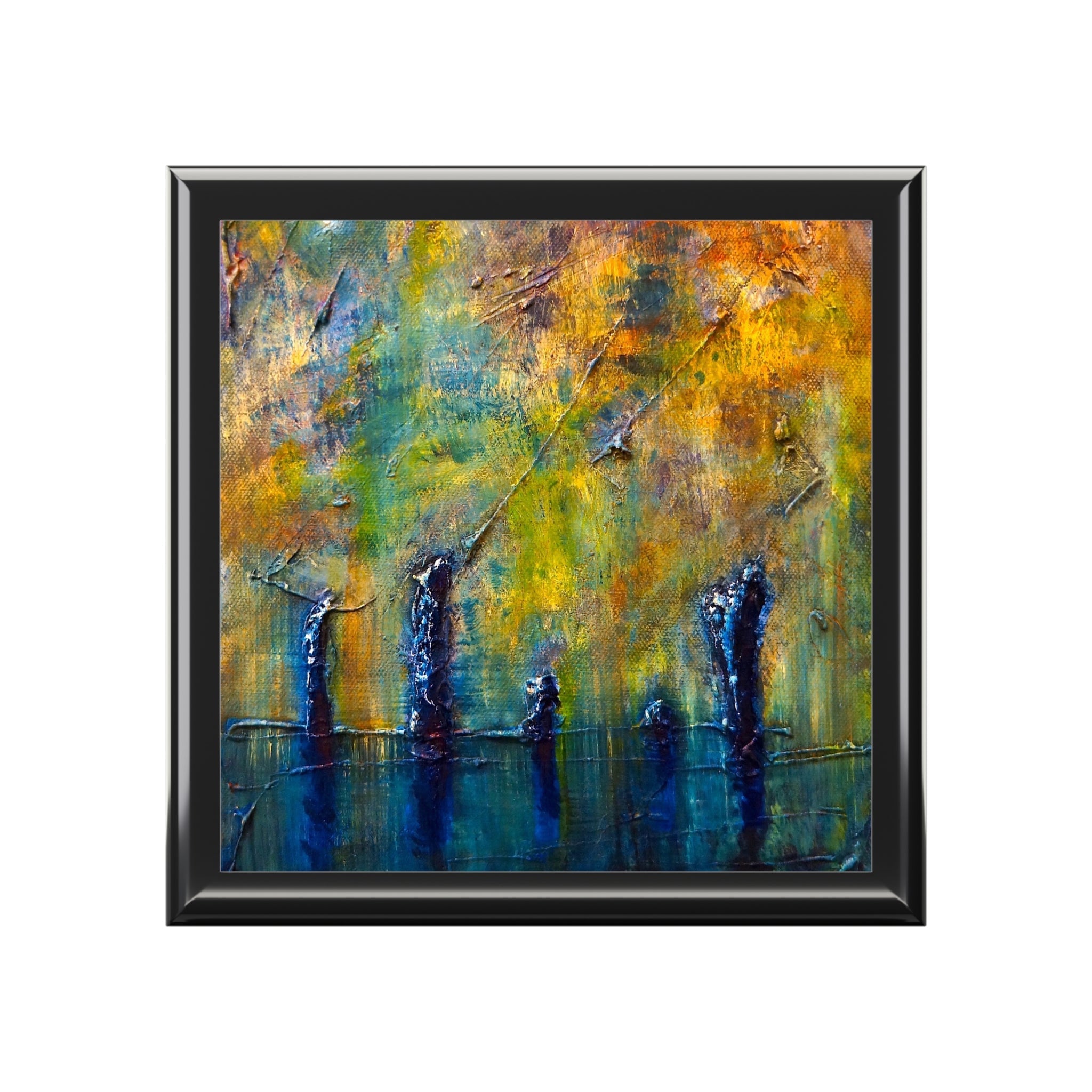 Abstract textured painting with vibrant yellow, orange, green, blue, and dark shapes in Scotland