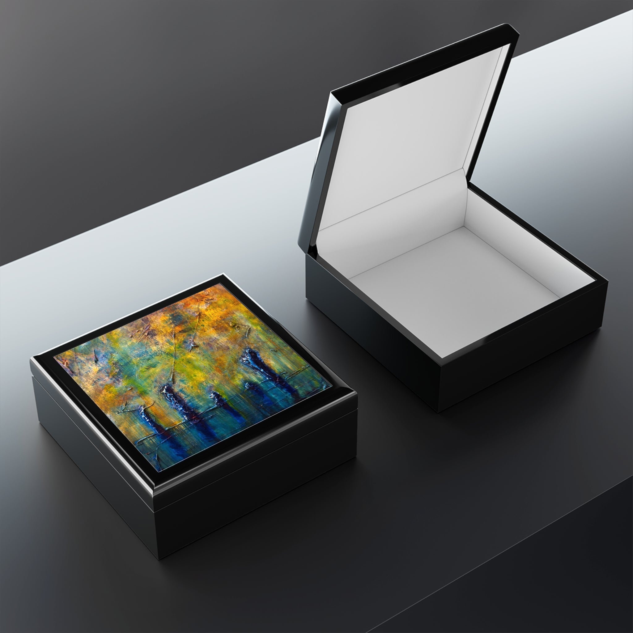 Black wooden Stenness Moonlight art jewellery box with vibrant abstract top and open white interior