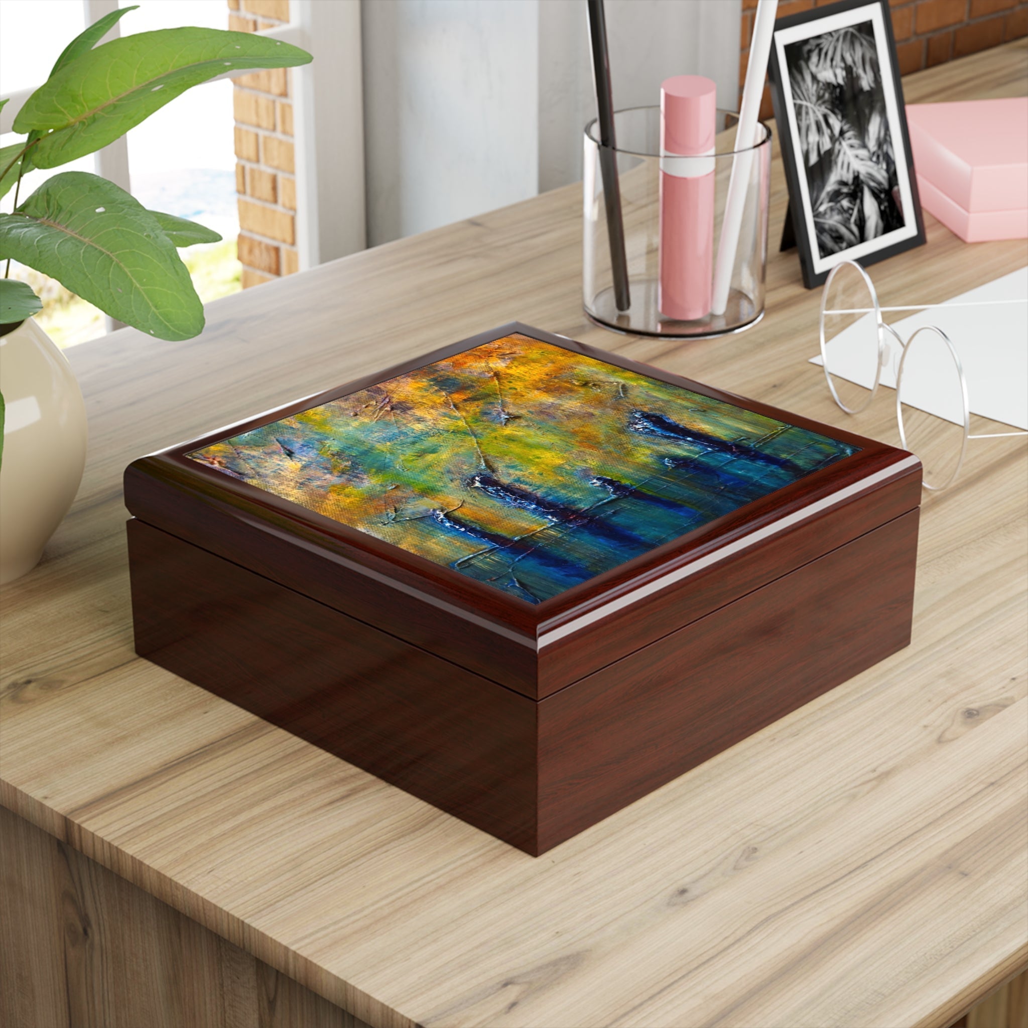 Rectangular wooden keepsake box with vibrant abstract art lid from Stenness Moonlight Scotland