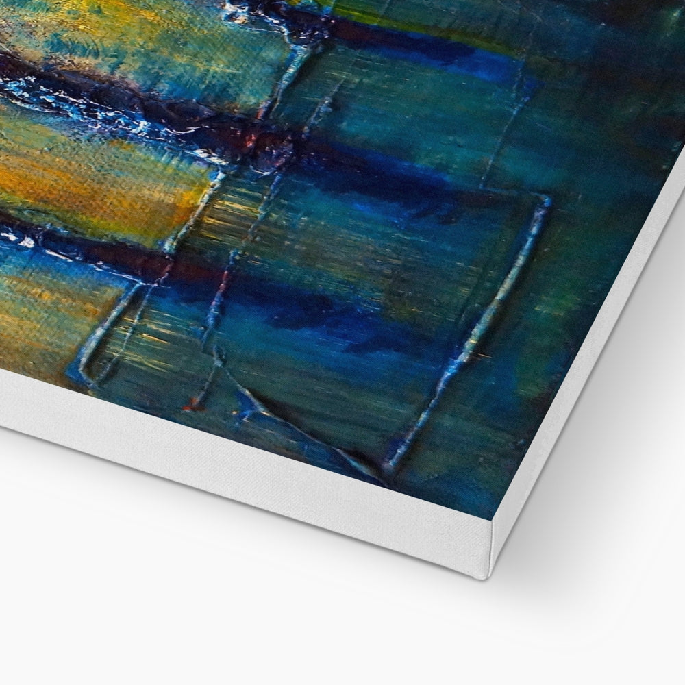 Stenness Moonlight canvas print with abstract blue green design in silver frame