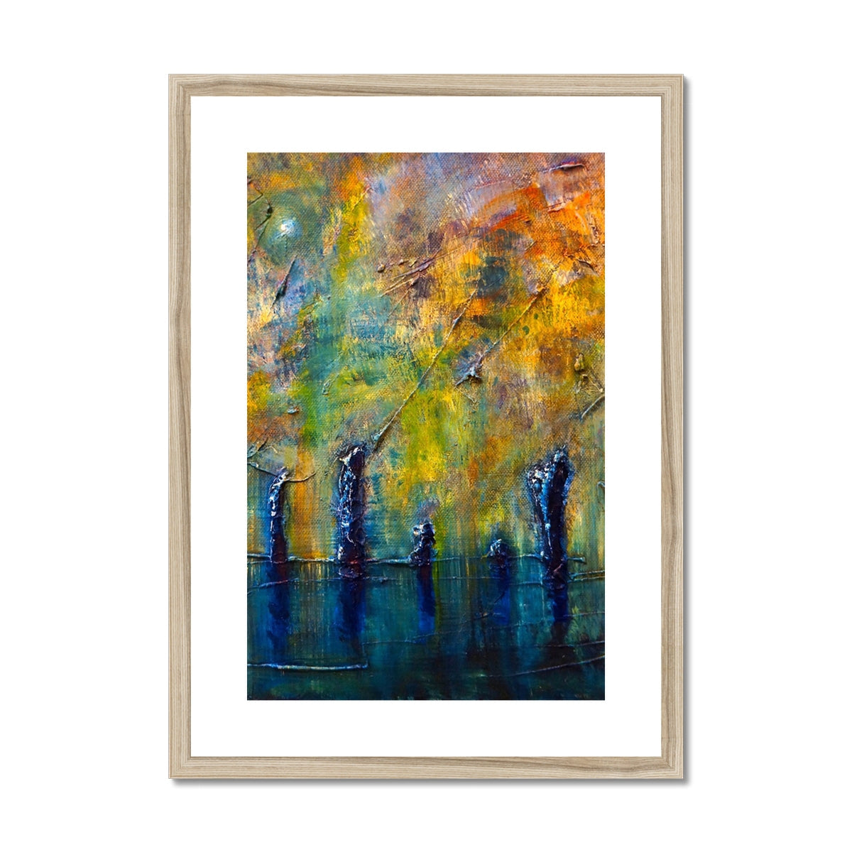 Stenness Moonlight abstract art print in wooden frame with orange, yellow, blue hues