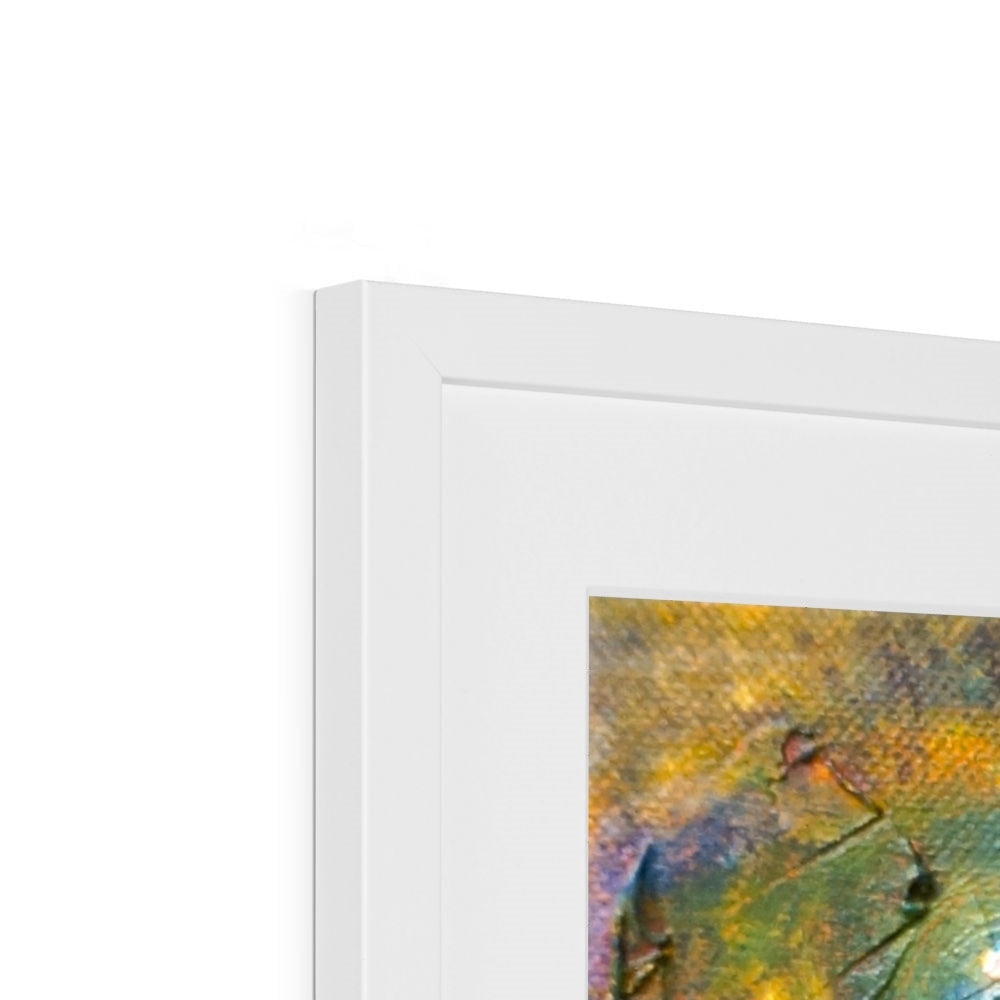 Stenness Moonlight white framed canvas print with abstract green gold leaf design