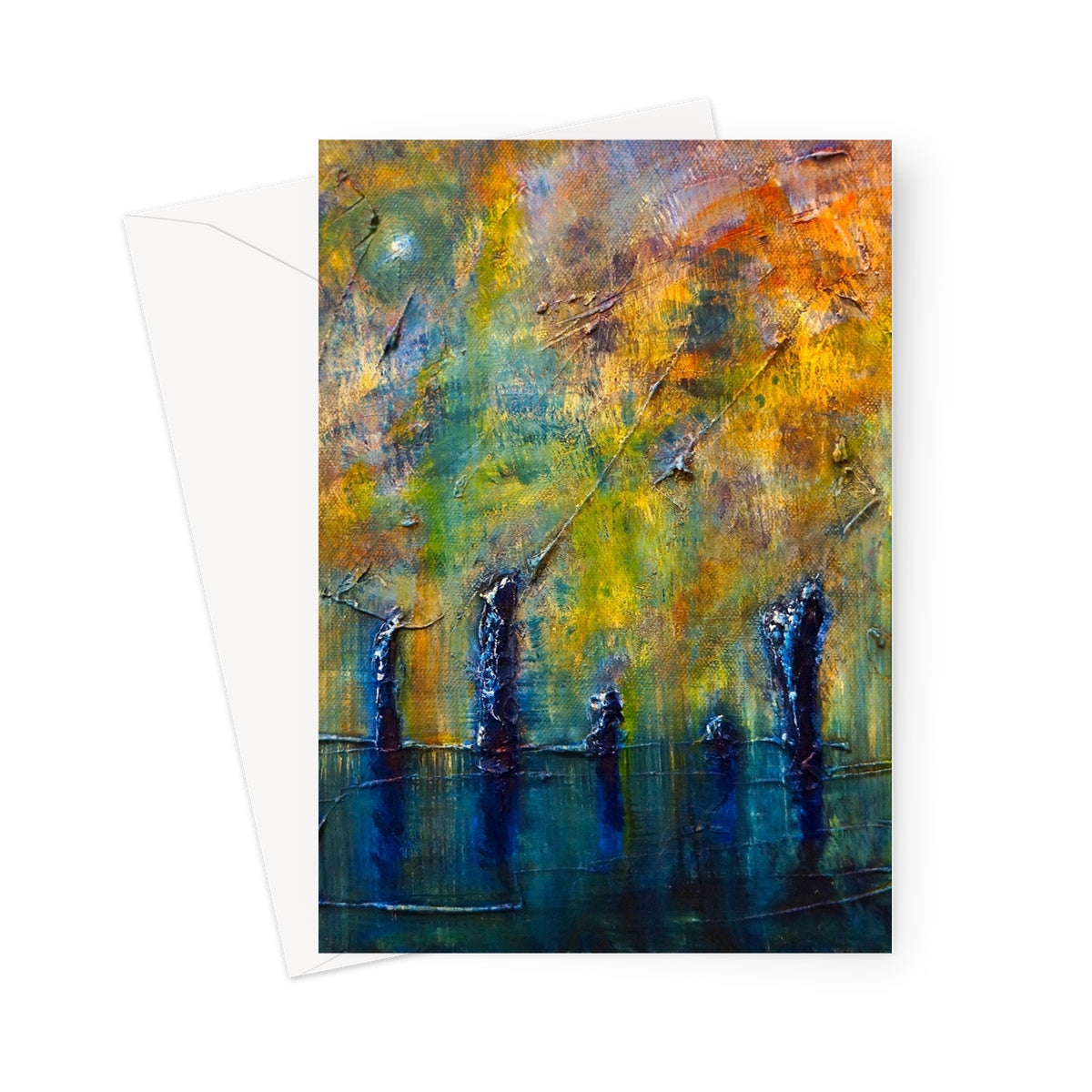 Stenness Moonlight abstract tree silhouette greeting card in vibrant autumn colors