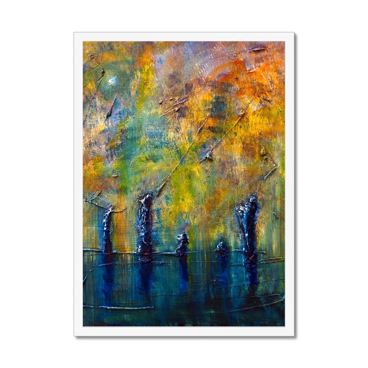 Stenness Moonlight Orkney Painting | Framed Prints From Scotland-Framed Prints-Orkney Art Gallery-A2 Portrait-White Frame-Paintings, Prints, Homeware, Art Gifts From Scotland By Scottish Artist Kevin Hunter