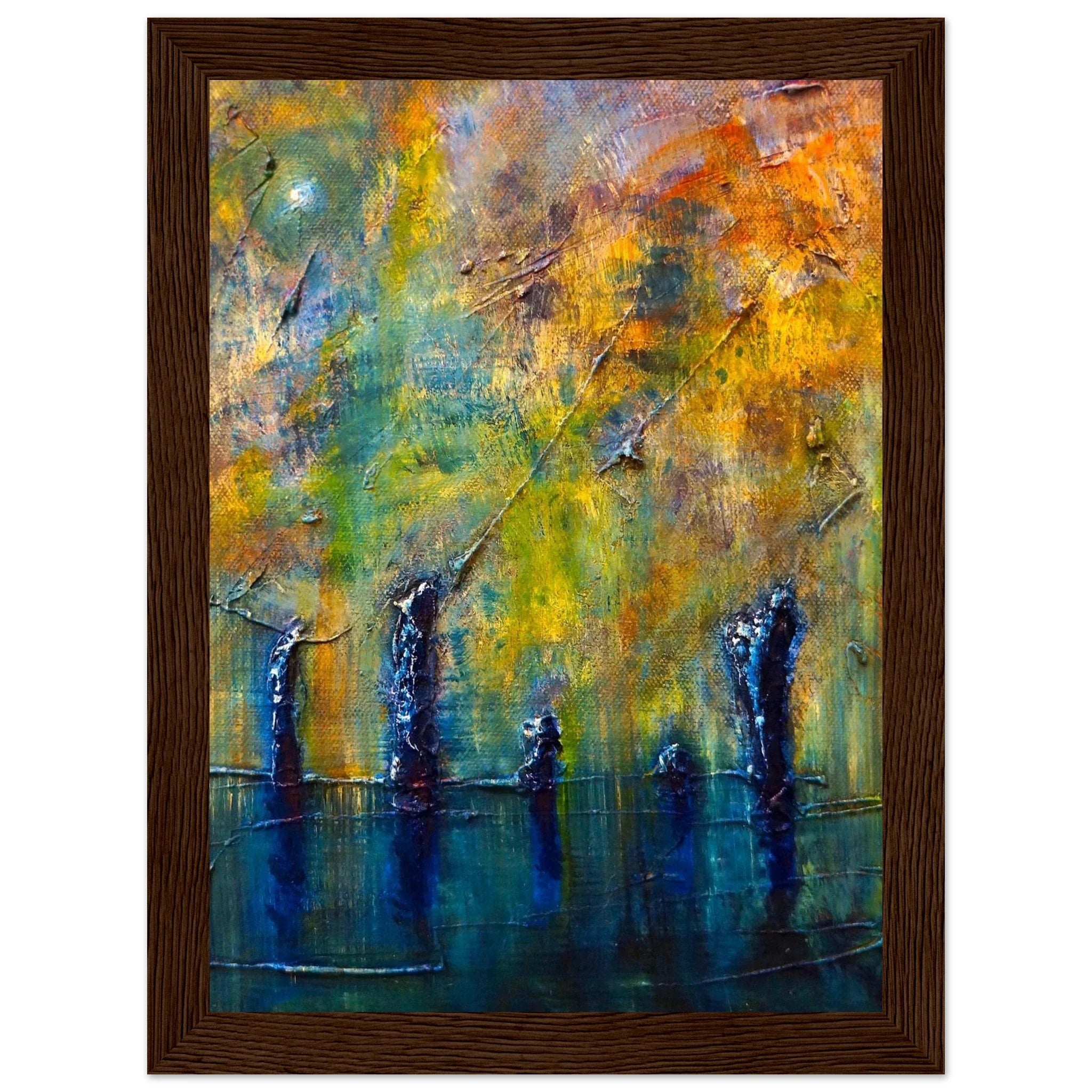 Abstract expressionist Stenness Moonlight Orkney painting in wooden frame