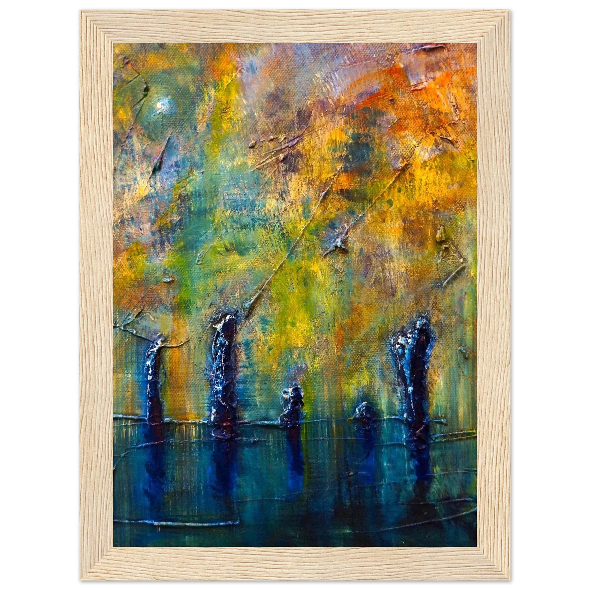 Vibrant abstract Stenness Moonlight Orkney painting in light wood frame